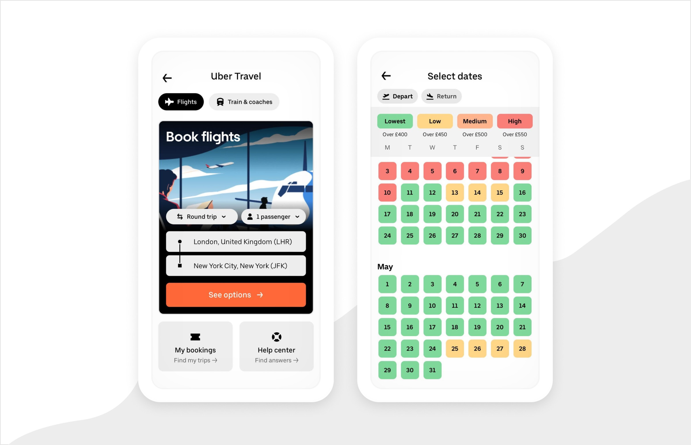 An illustrated image revealing how the flight booking experience will look like in the Uber app.