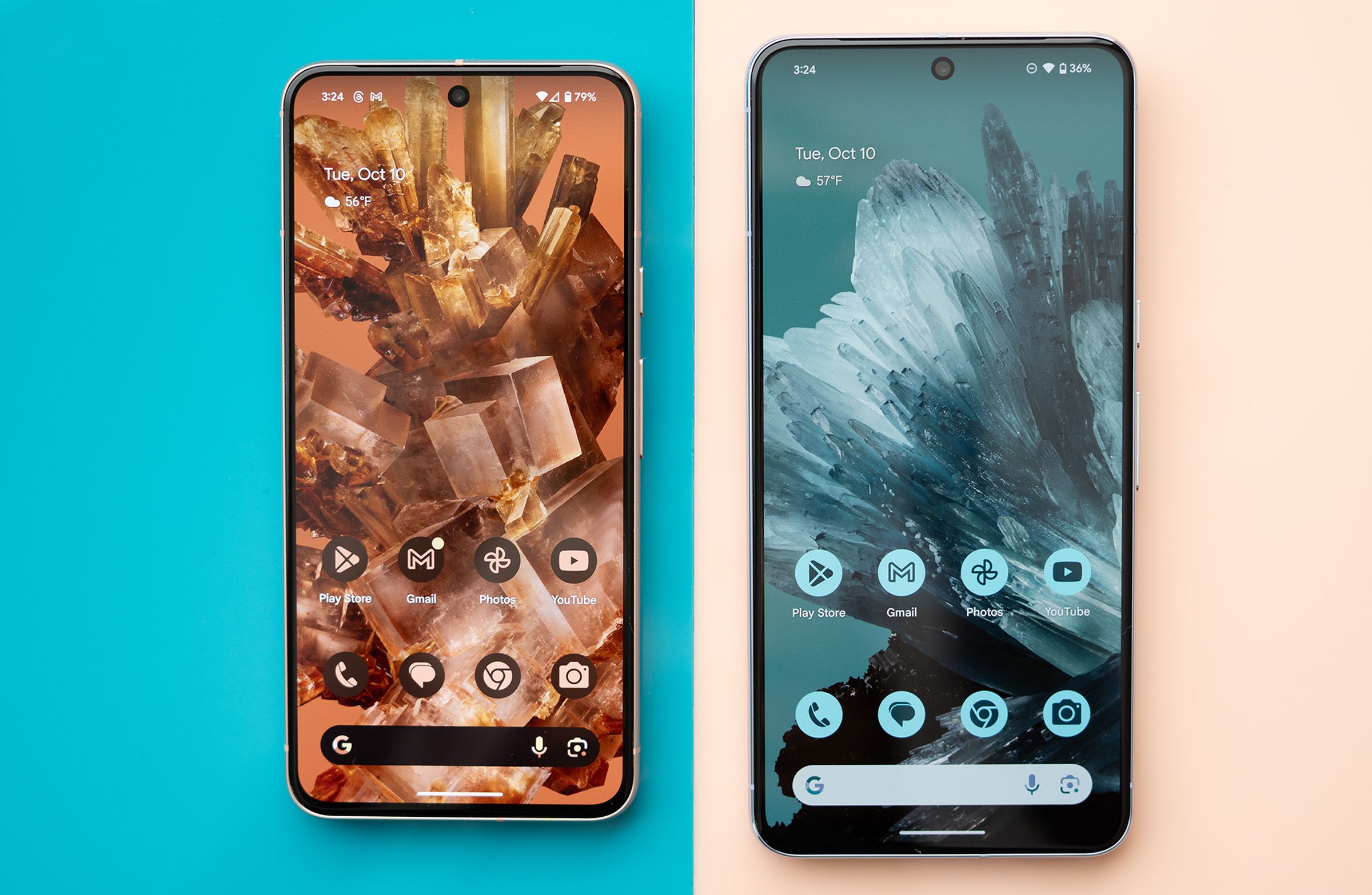 Google Pixel 8 and Pixel 8 Pro on pink and blue backgrounds showing home screens with mineral wallpaper