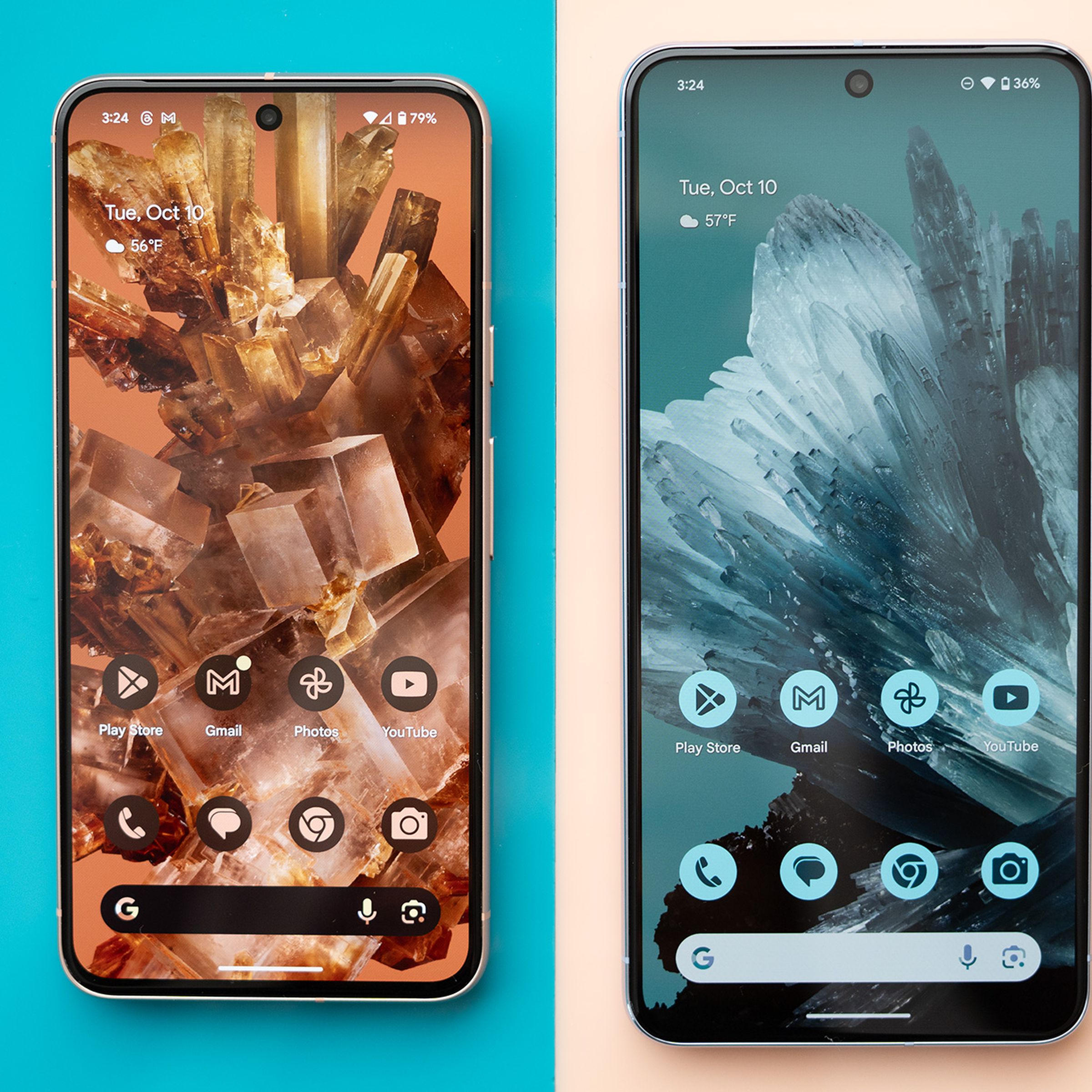 Google Pixel 8 and Pixel 8 Pro on pink and blue backgrounds showing home screens with mineral wallpaper