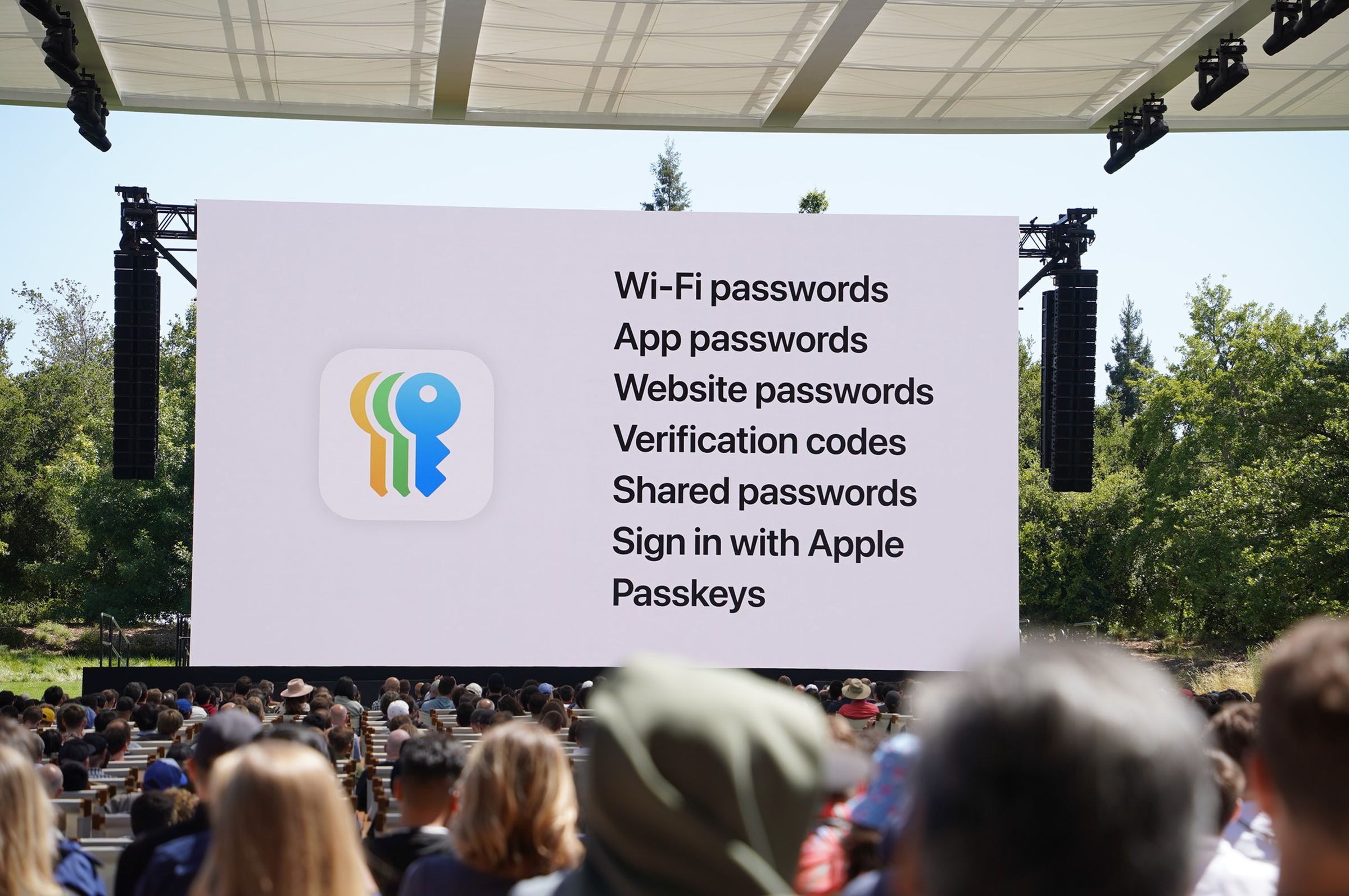 Slide showing: Wifi passwords, app passwords, website passwords, verification codes, shared passwords, sign in with Apple, and passkeys