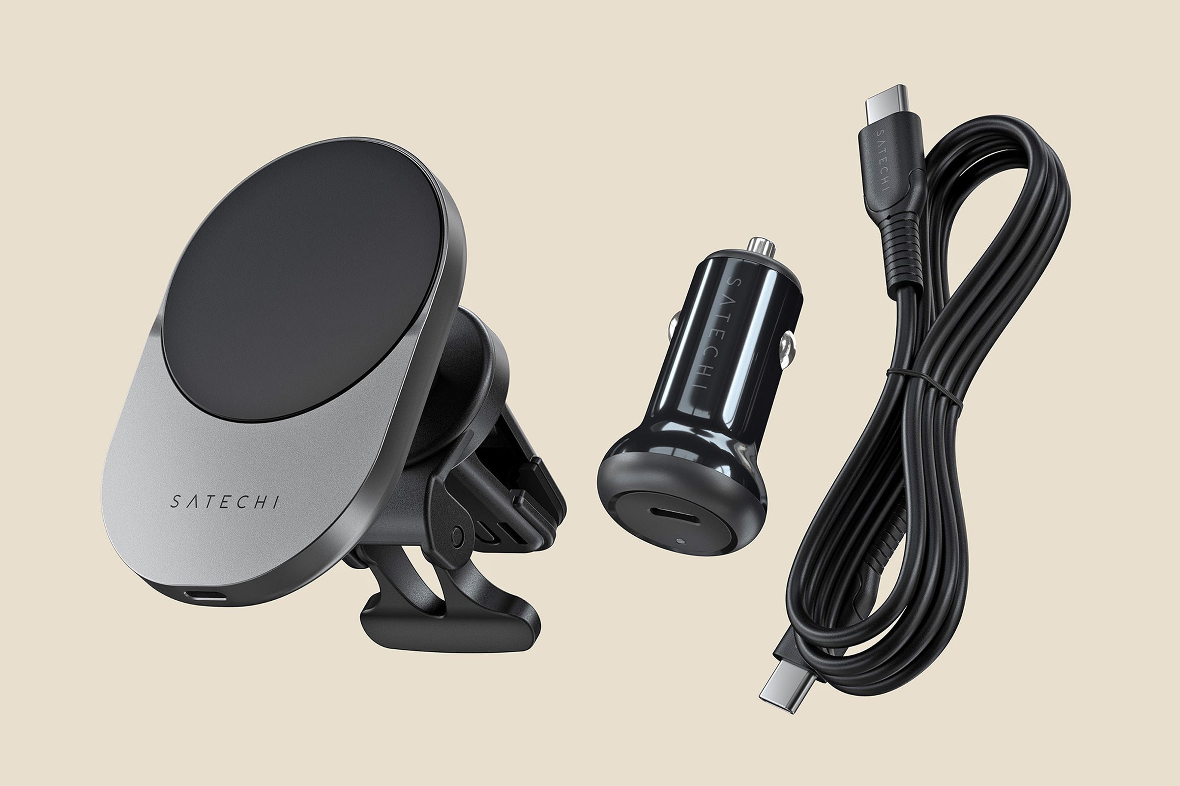 The Satechi Qi2 Wireless Car Charger and its included accessories.