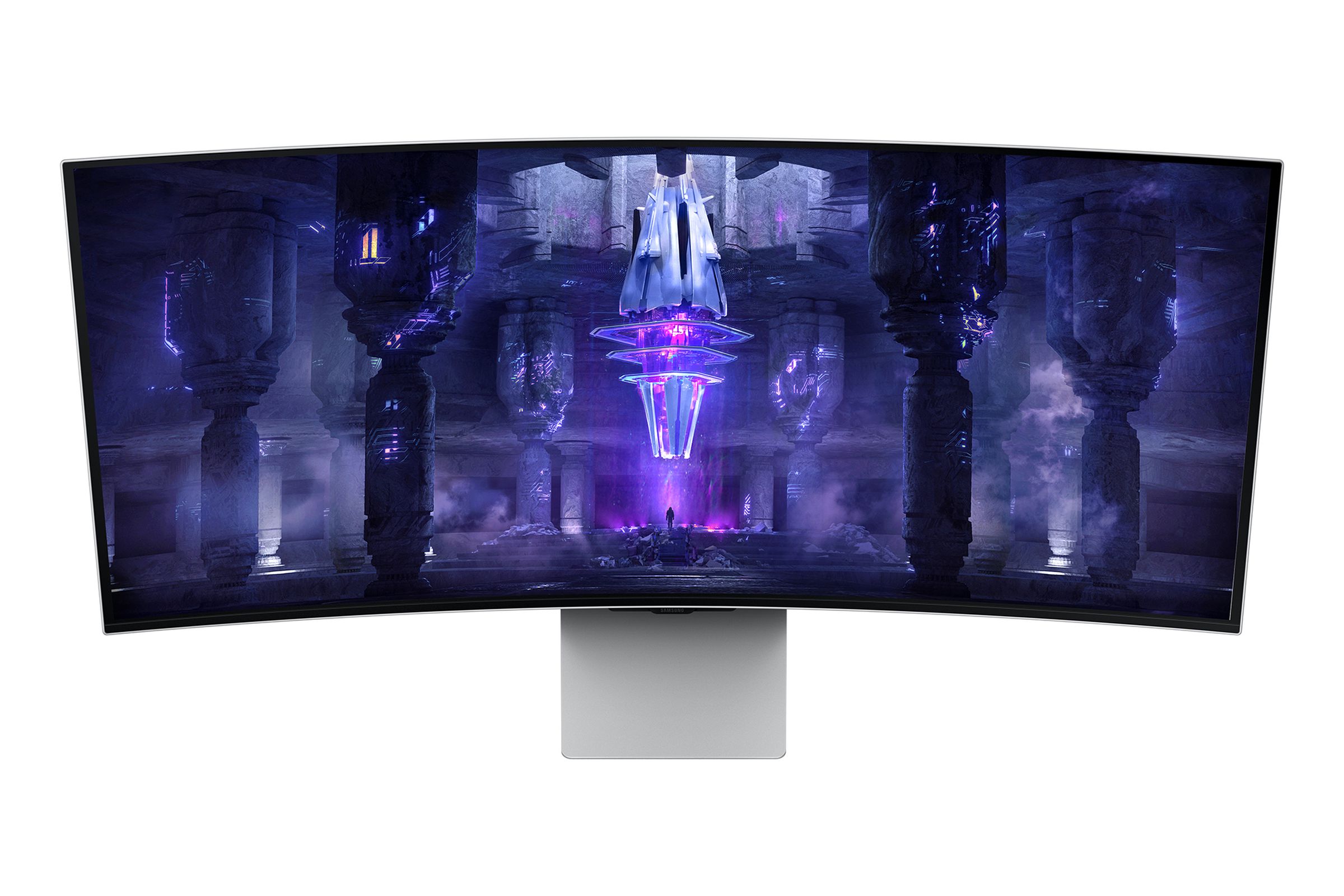 A top-down view of Samsung’s Odyssey G8 34-inch OLED gaming monitor