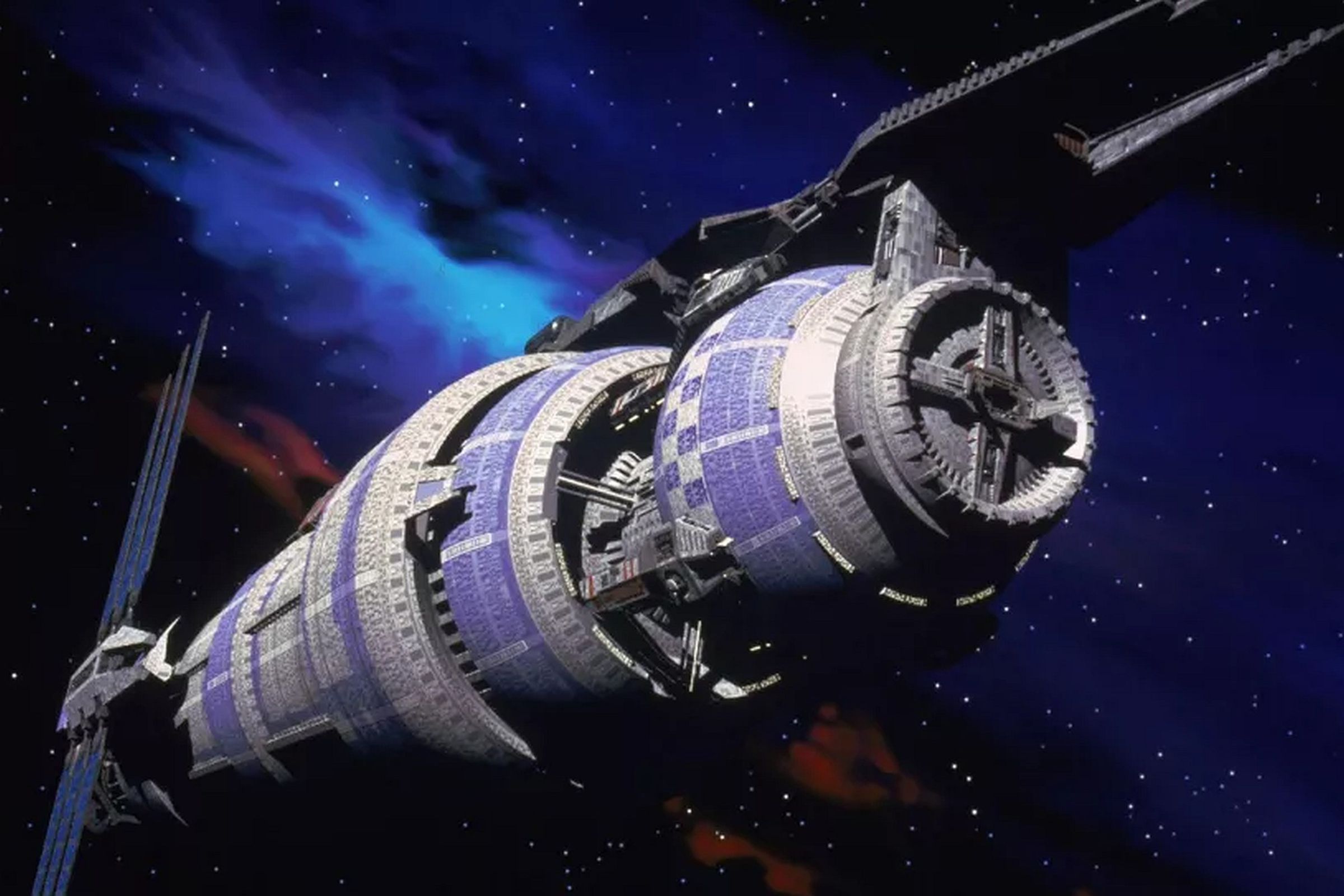 A purple and grey cylindrical space station in space, with big fins and solar panels jutting out.