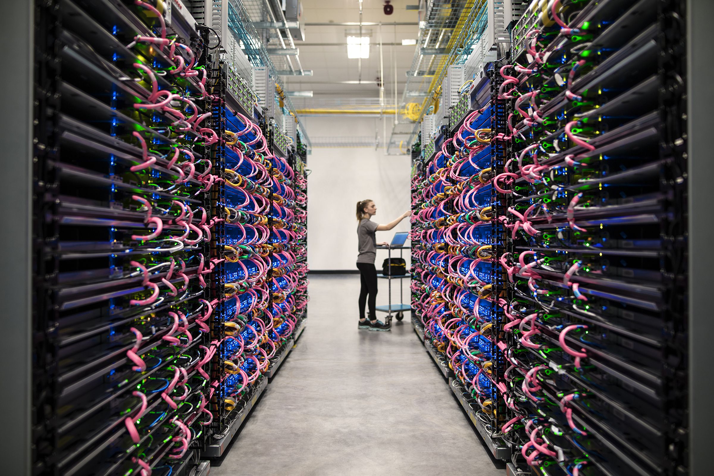 One of Google’s server stacks containing its custom TPU machine learning chips.