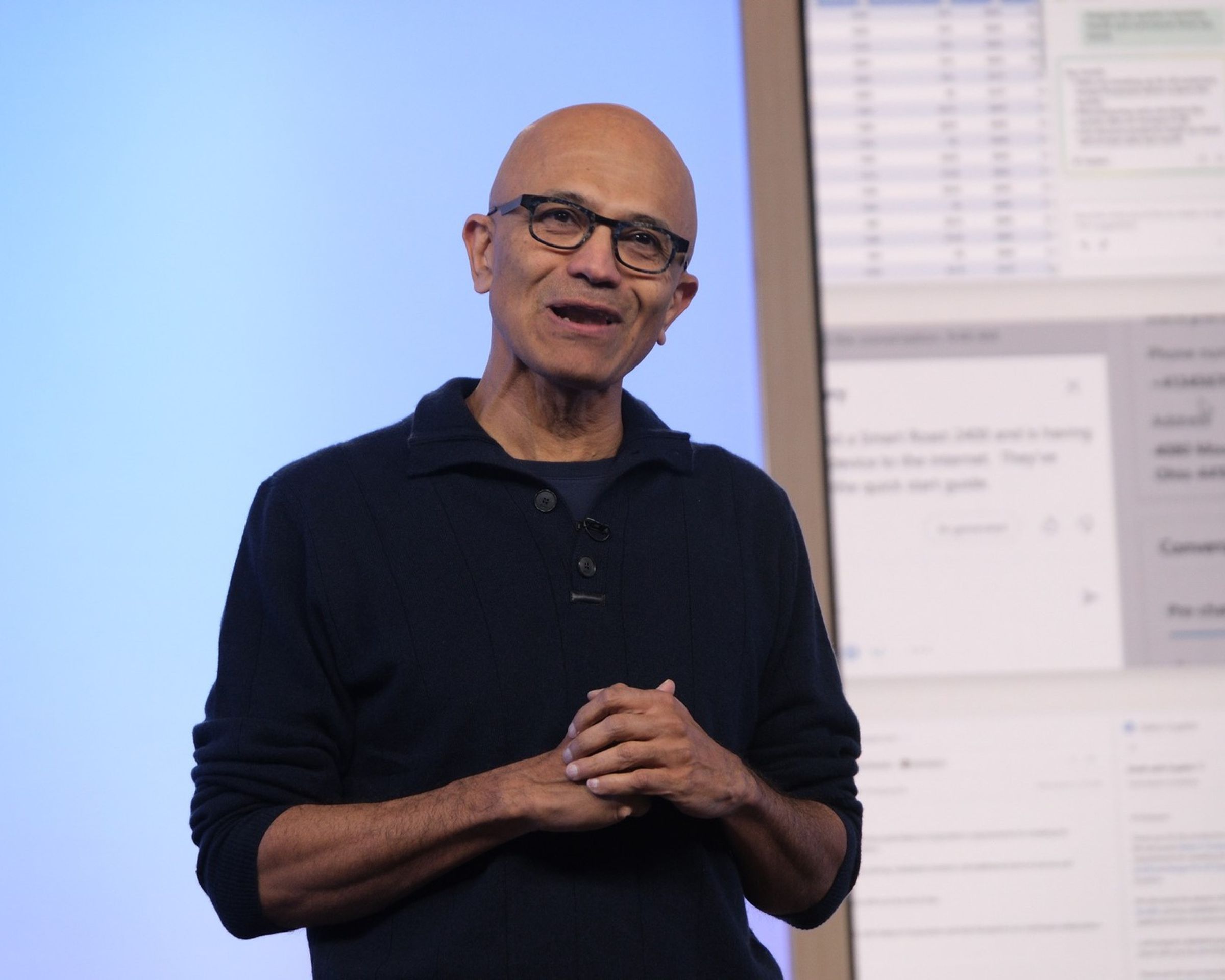 A photo showing Satya Nadella during the 2023 Microsoft Surface event