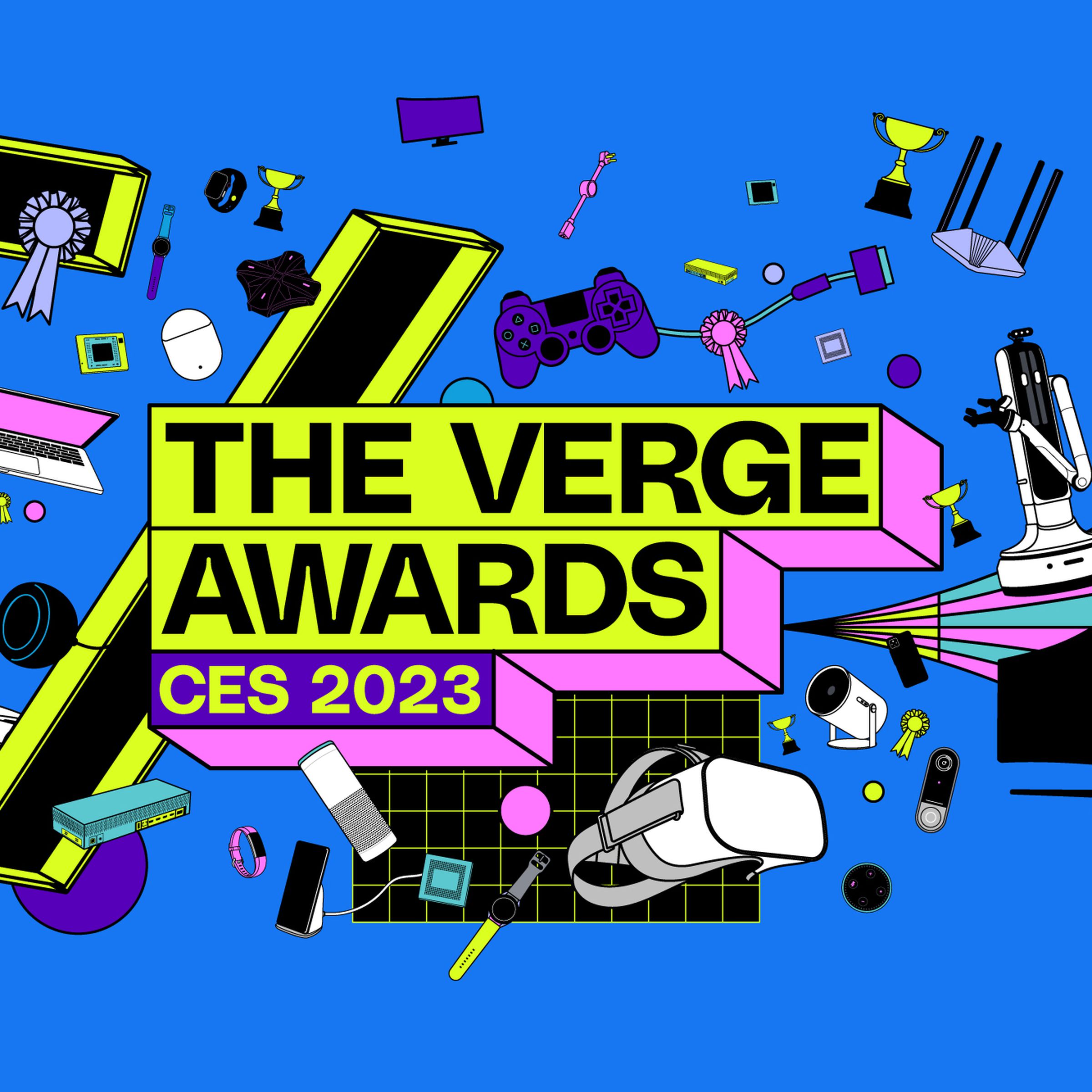 Artwork reading “The Verge Awards: CES 2023.” The illustration is colorful and filled with assorted gadgets: monitors, robots, VR headsets, game controllers, and more.