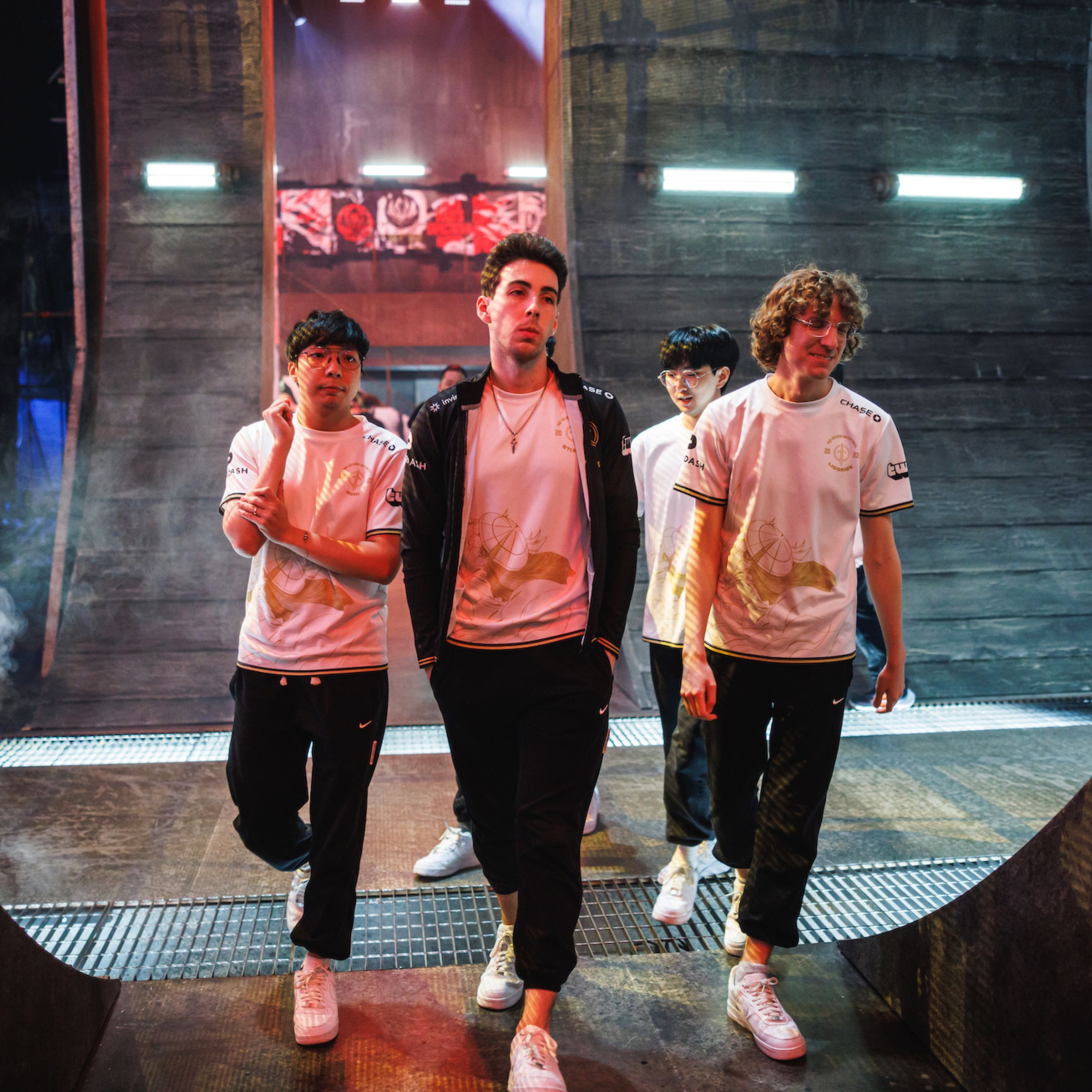 Golden Guardians walk offstage after elimination by Cloud9 at the League of Legends - Mid-Season Invitational Bracket Stage.