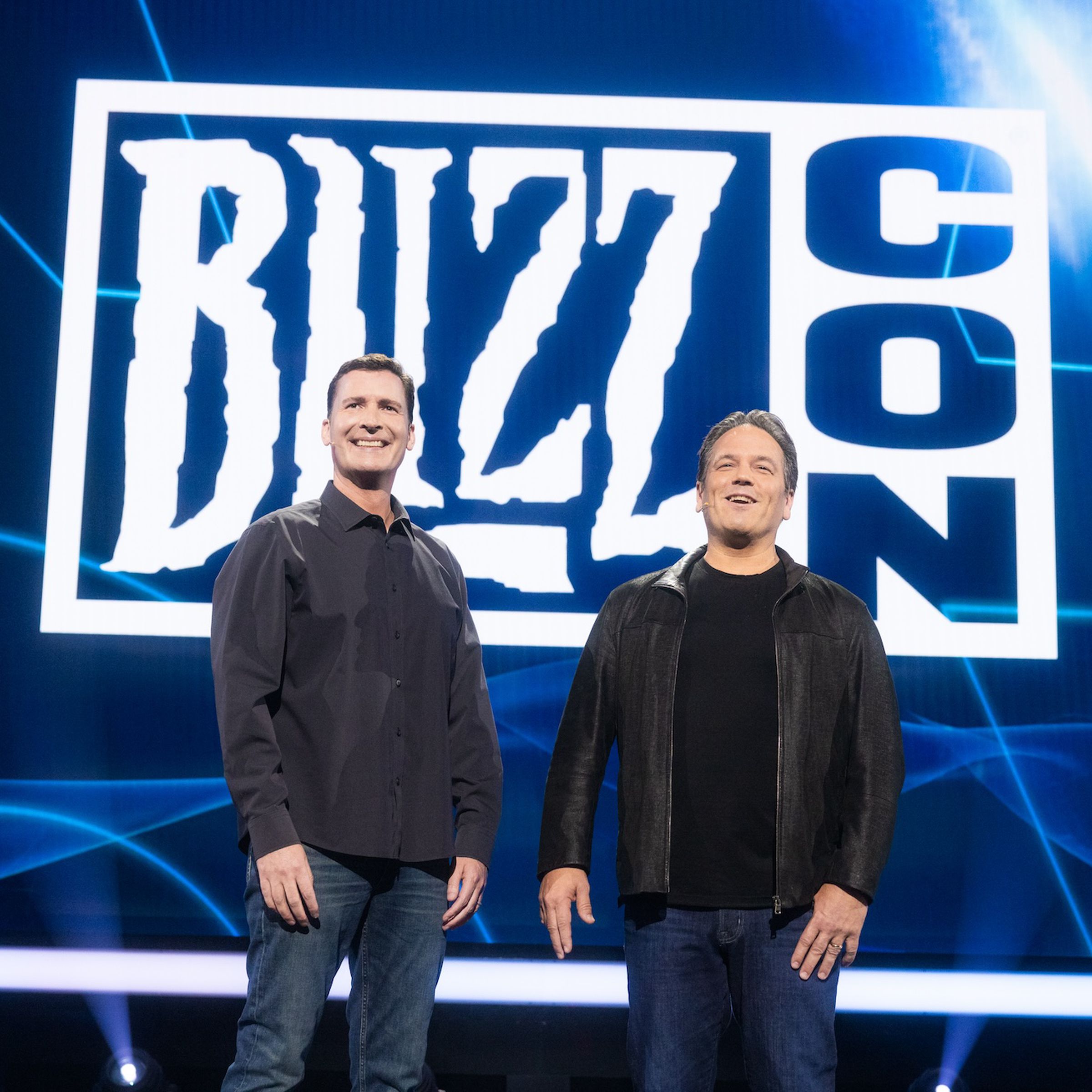 Blizzard Entertainment president Mike Ybarra and Microsoft Gaming CEO Phil Spencer at BlizzCon 2023.