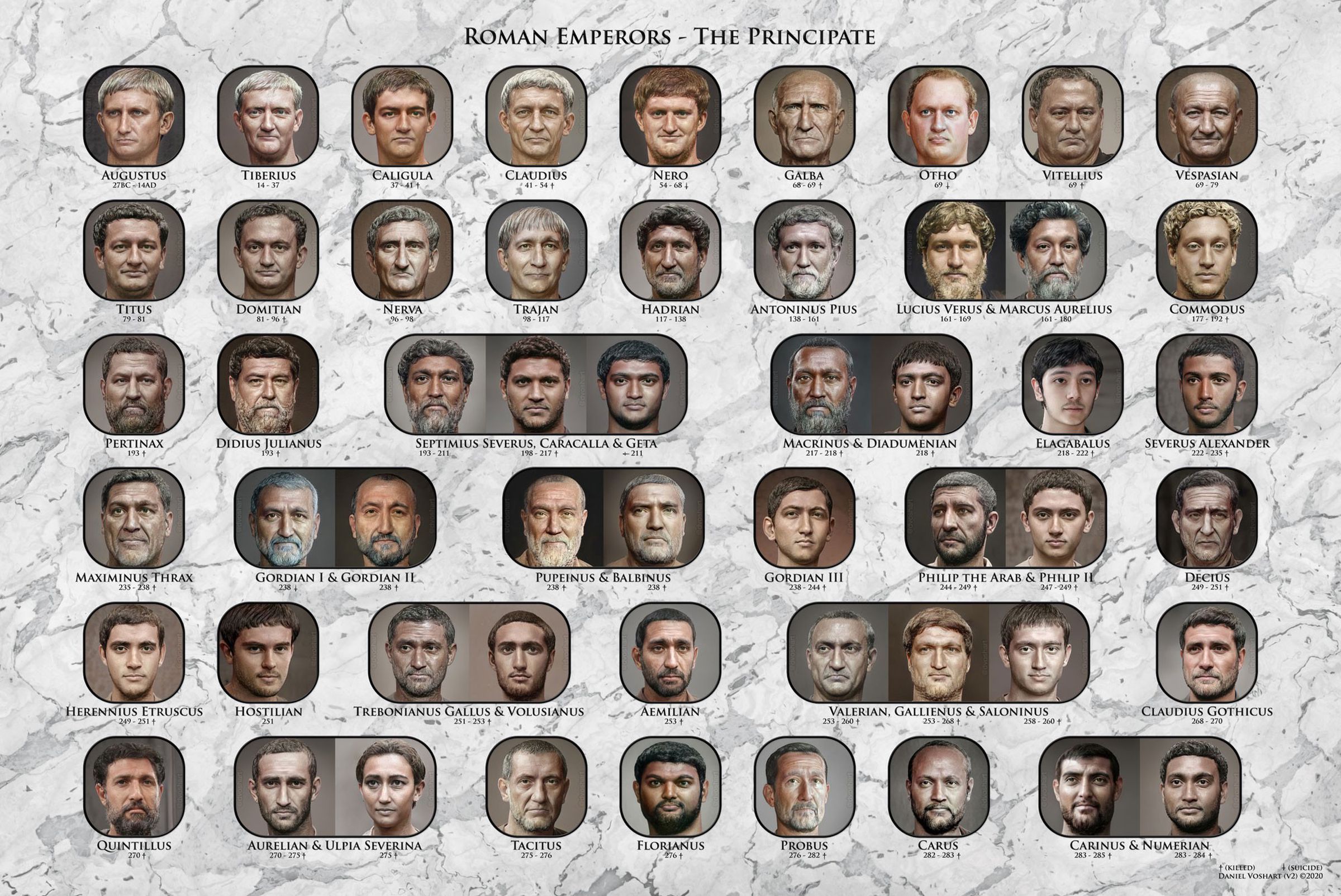 A print, now available to buy, of all of Voshart’s photorealistic Roman emperors. 
