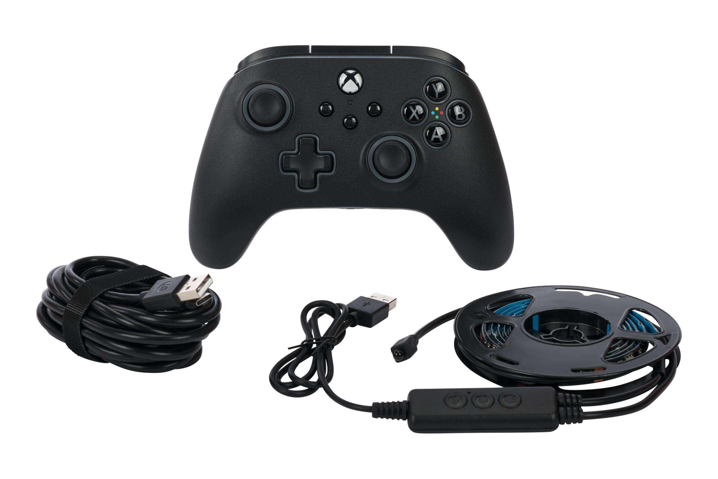 A PowerA Advantage Wired Controller for Xbox Series X / S consoles in black with an LED light strip and USB cable beside it on a white background.