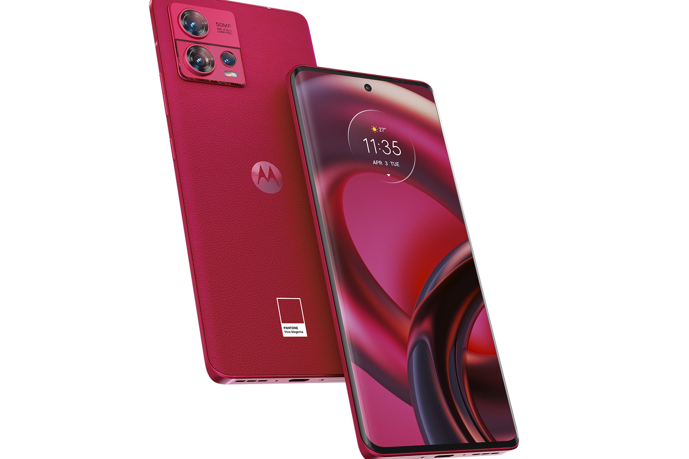 Motorola edge 30 Fusion màu Viva Magenta hiển thị mặt sau và mặt trước của thiết bị.