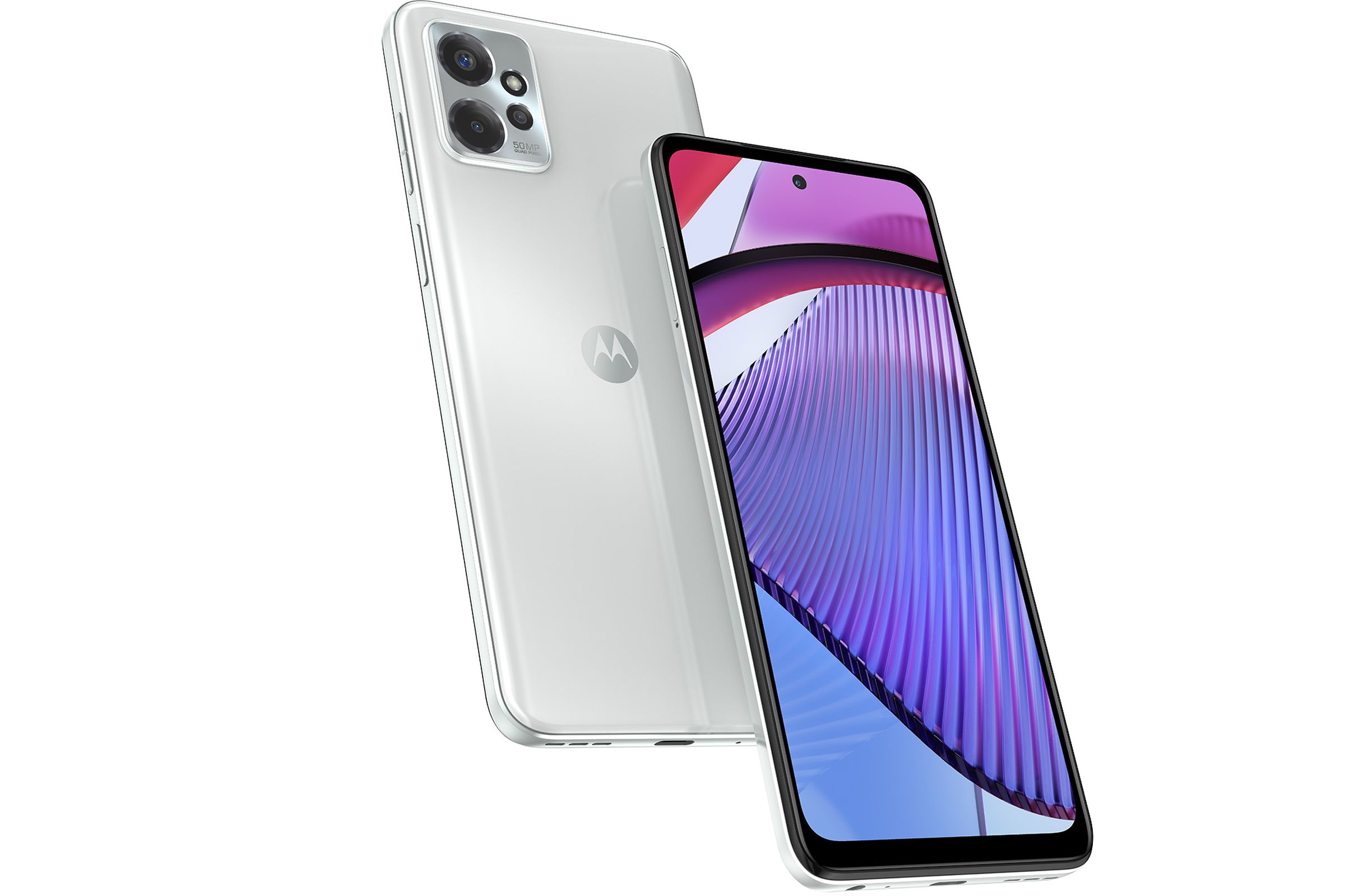 Image of Motorola Moto G Power 5G in pearl white showing rear and front of the device.