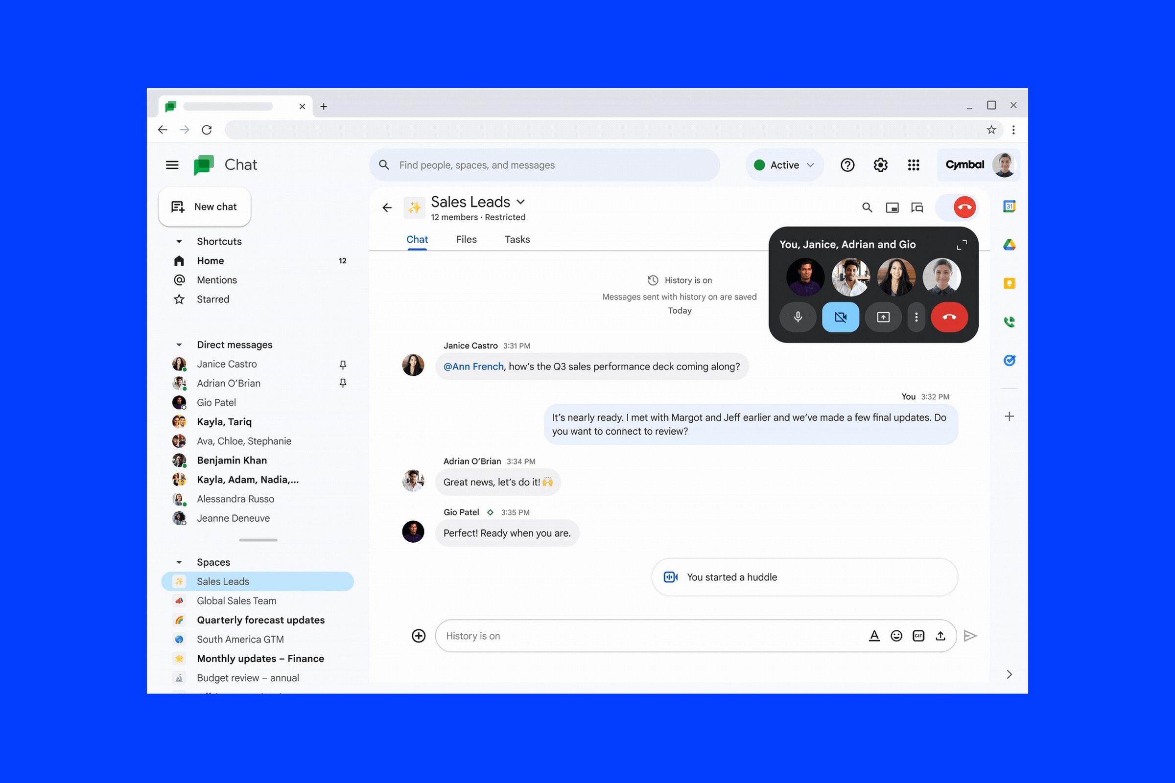 A screenshot of the new Google Chat on a blue background.