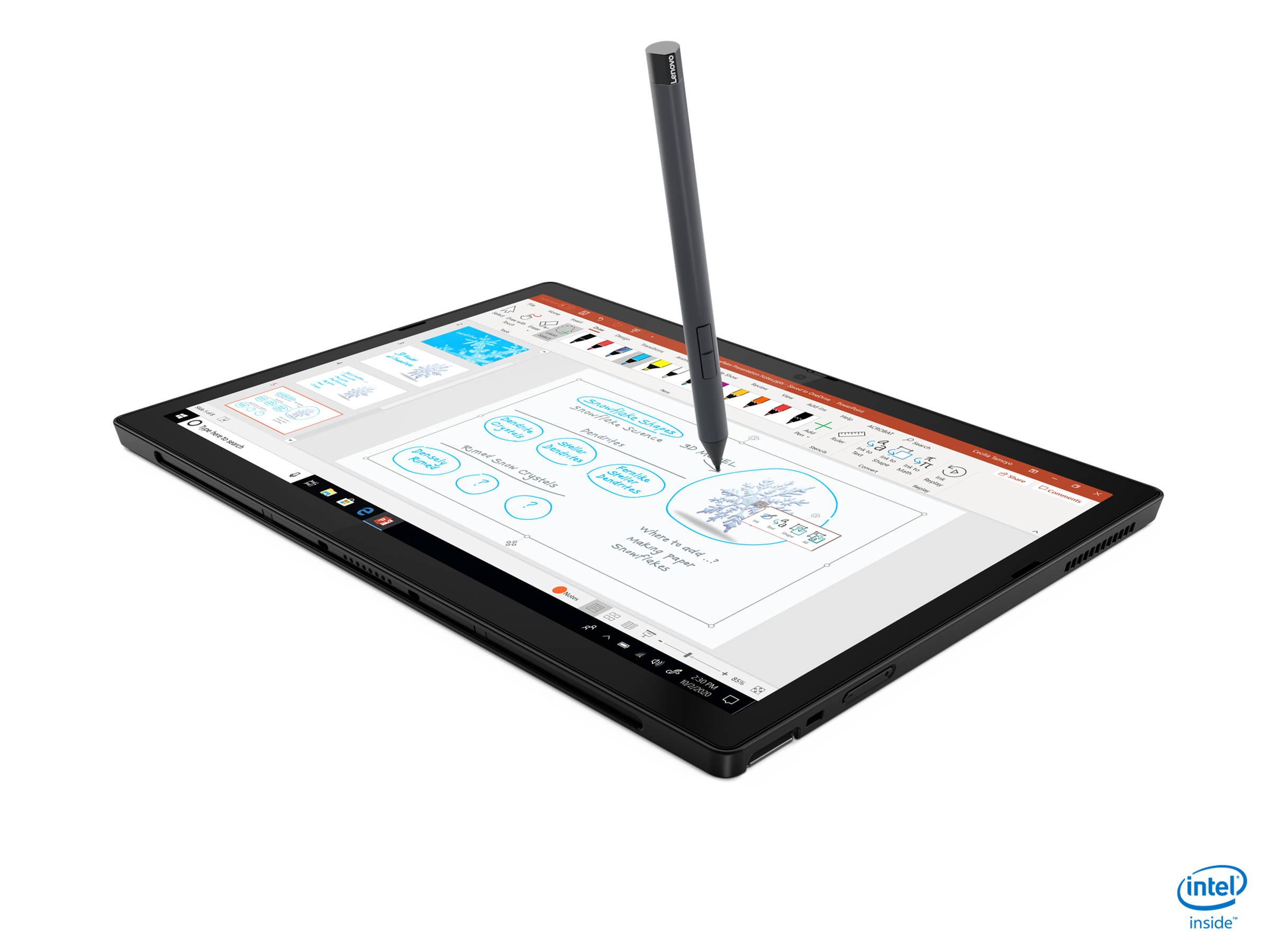 The ThinkPad X12 Detatchable in tablet mode, being written on with a stylus.
