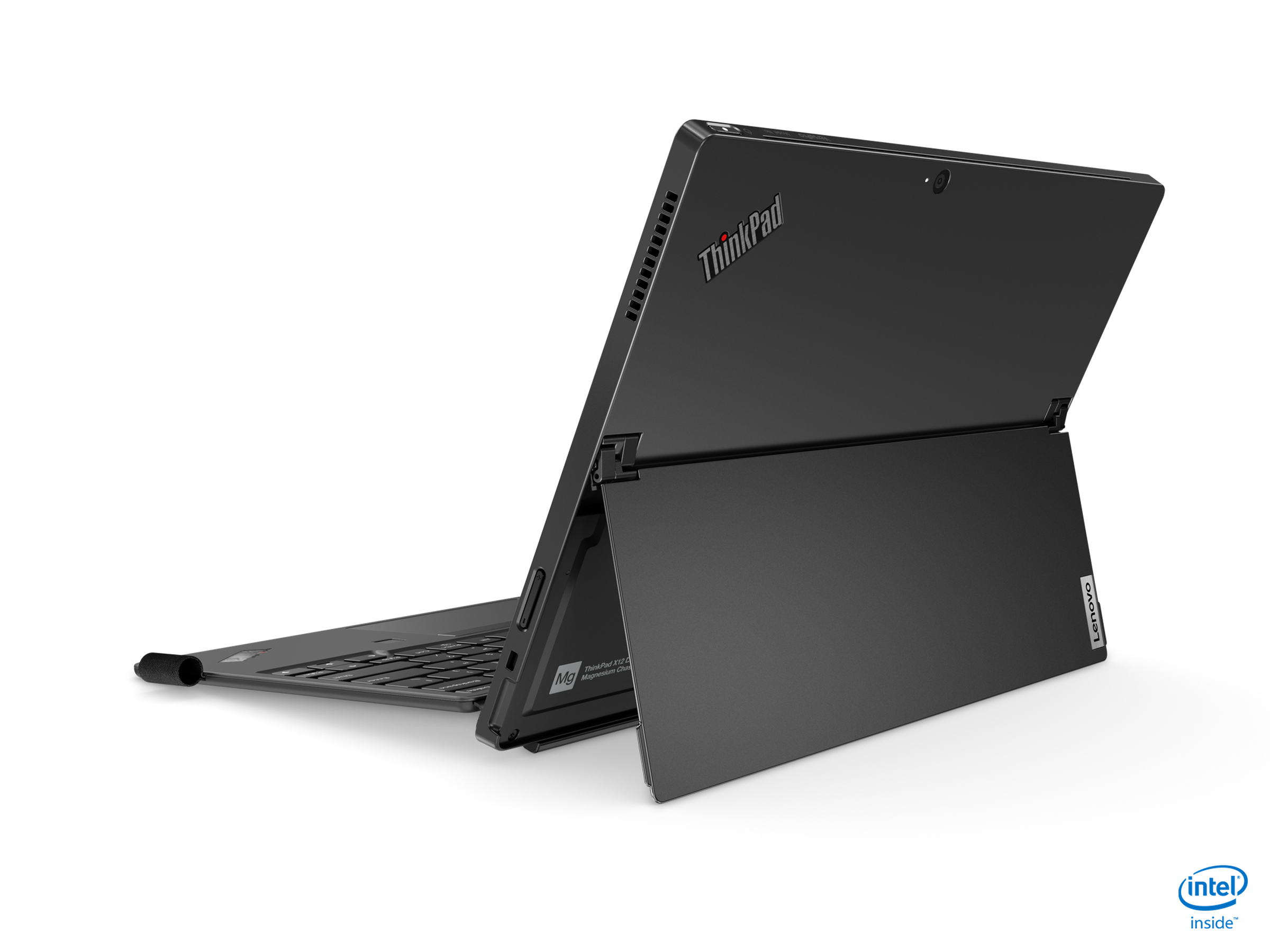The ThinkPad X12 Detatchable in laptop mode, seen from the back with the kickstand unfolded.