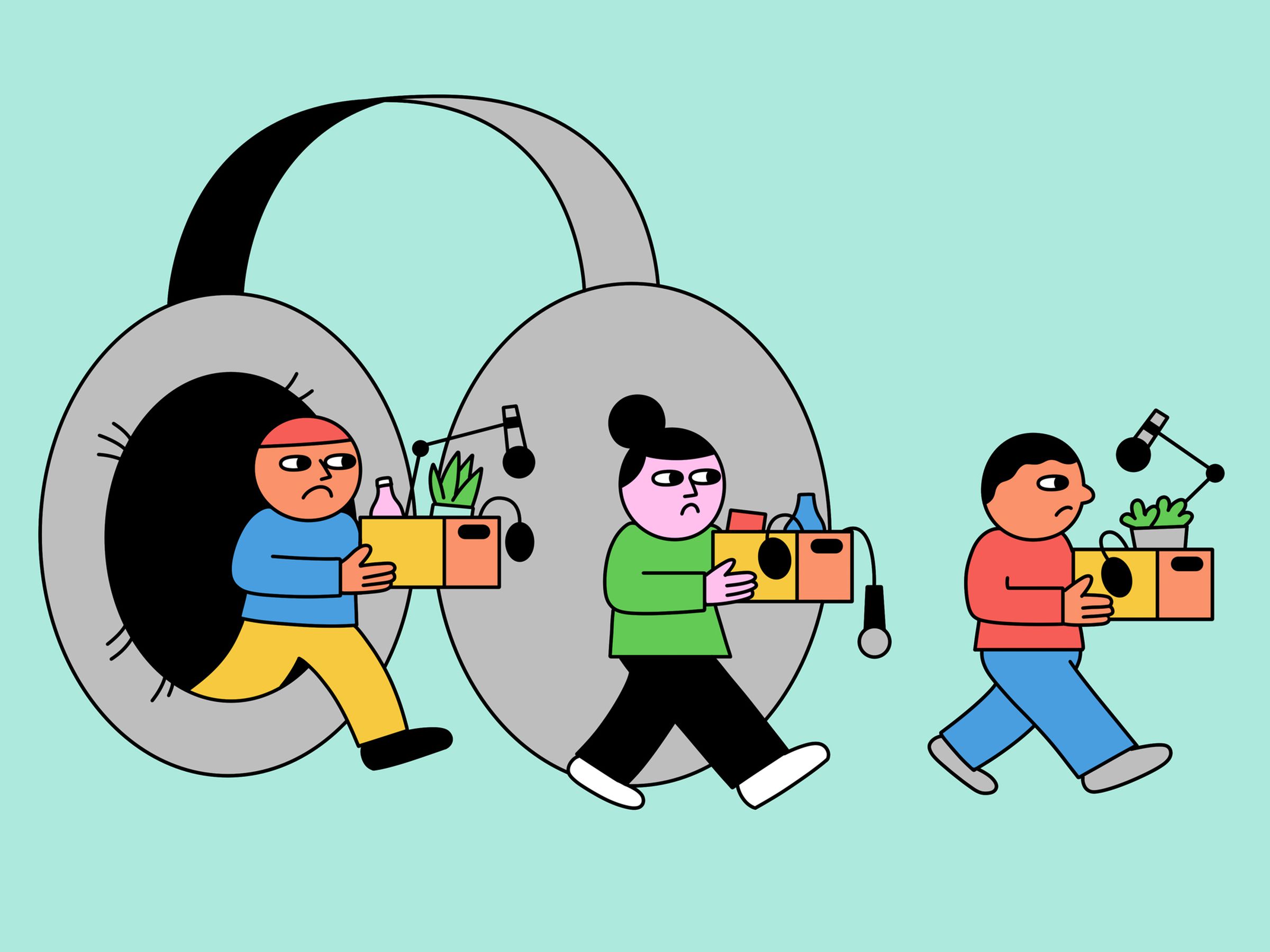 An illustration of three people stepping out of a pair of headphones with the contents of their desks packed up in boxes.