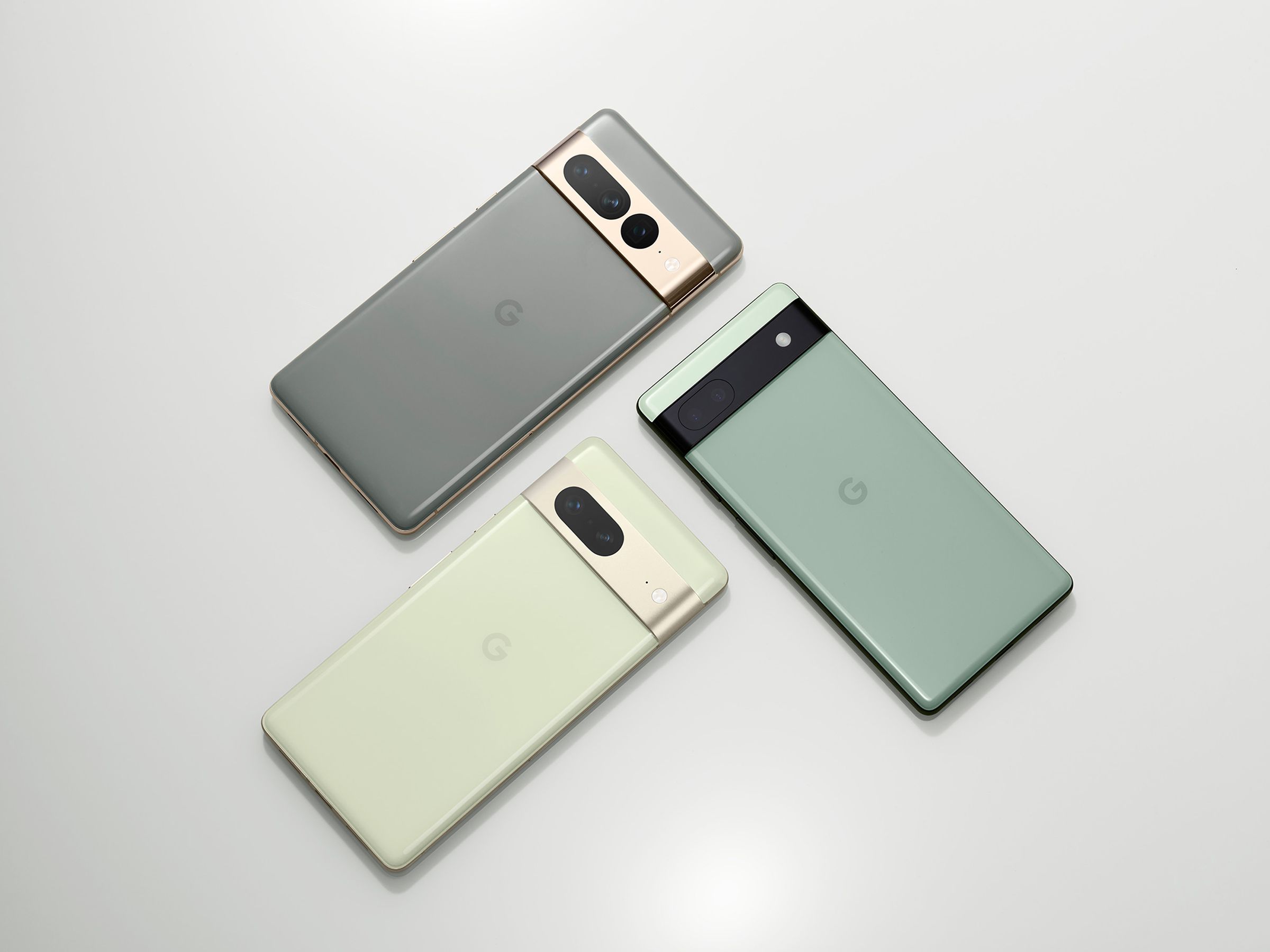 The Pixel 7, 7 Pro, and 6A, in arguably the best color options.
