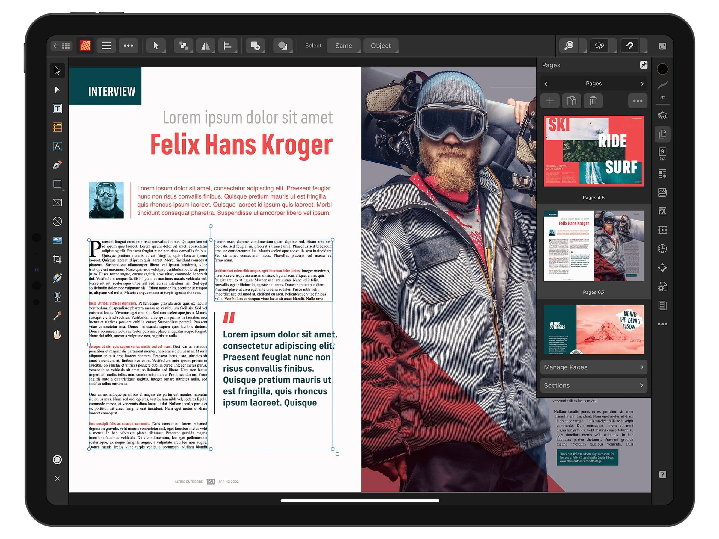 An iPad showcasing Affinity Publisher V2. The software displays a magazine spread with a bearded man in skiing equipment.