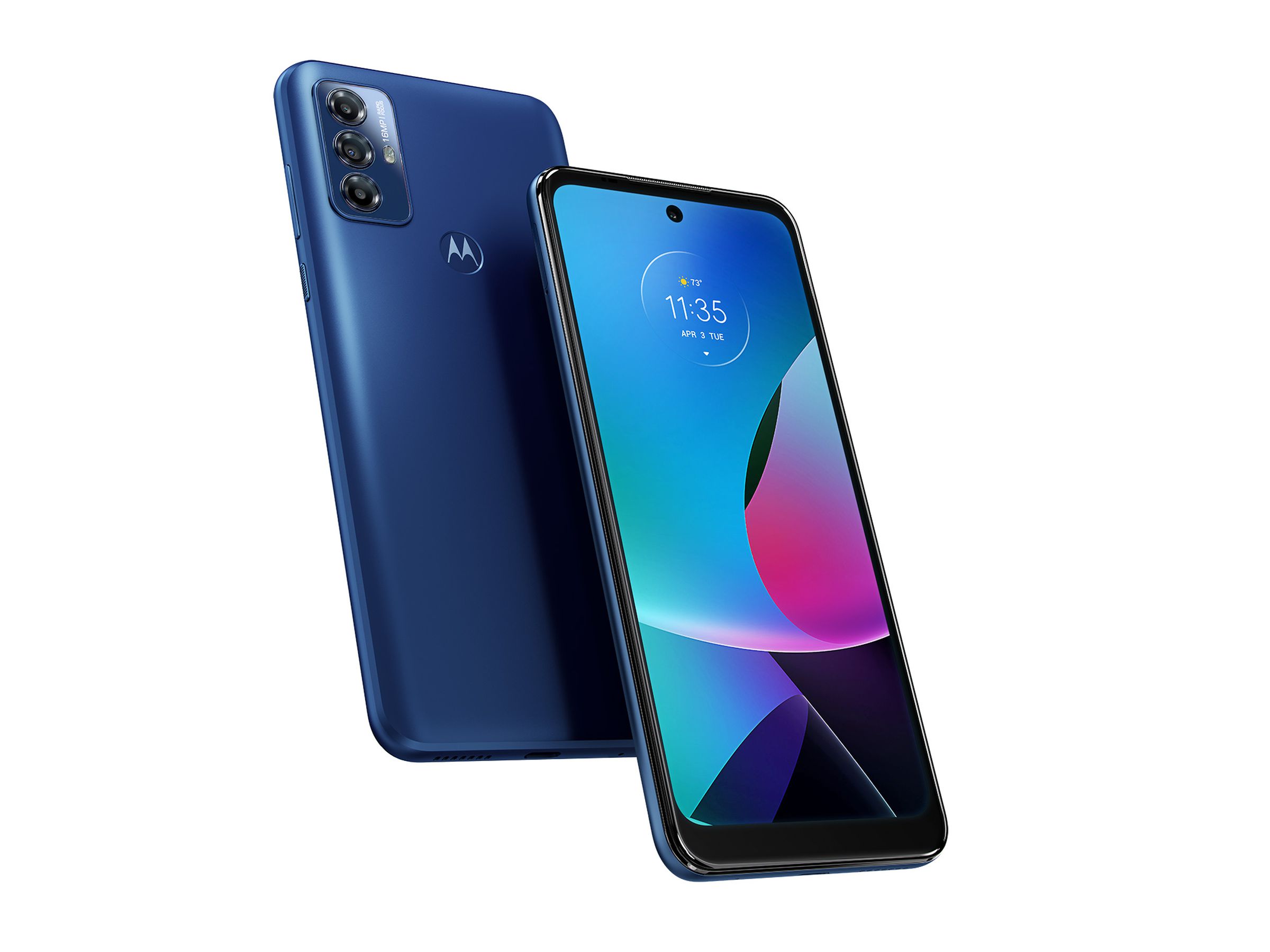 Render of Motorola Moto G Play showing front and back panels in navy color option.