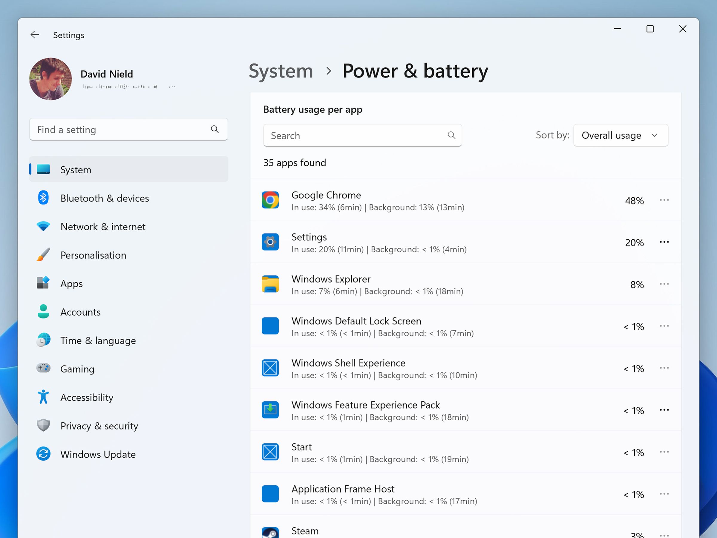 Power &amp; battery settings page on Windows with main menu on left, and list of battery usage per app in center, including app name, how long it’s been in use, and its overall usage percentage.