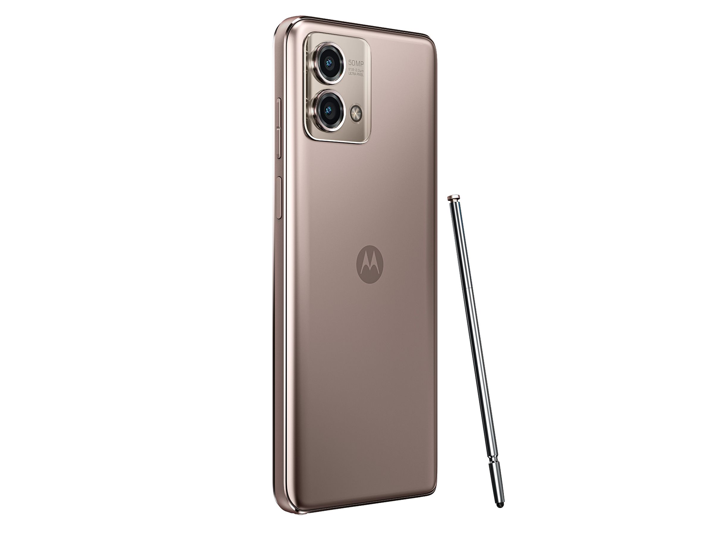 Moto G Stylus 5G in rose champagne showing back panel and stylus.