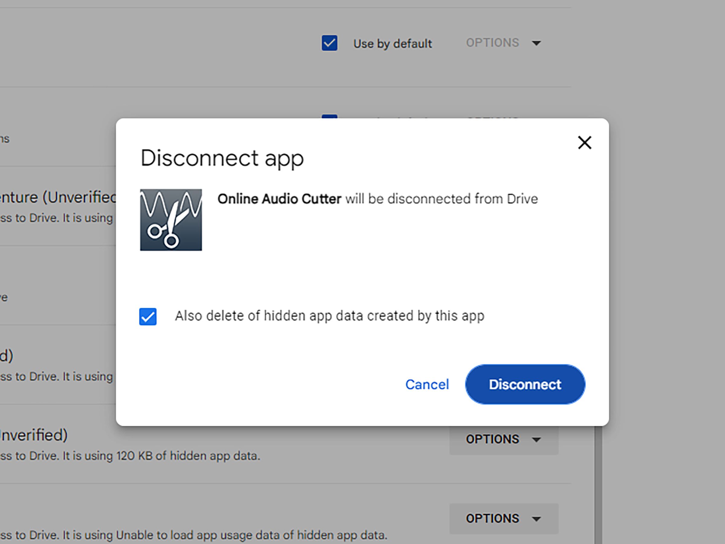 A pop-up box labeled Disconnect app and just below “Online Audio Cutter will be disconnected from Drive.”