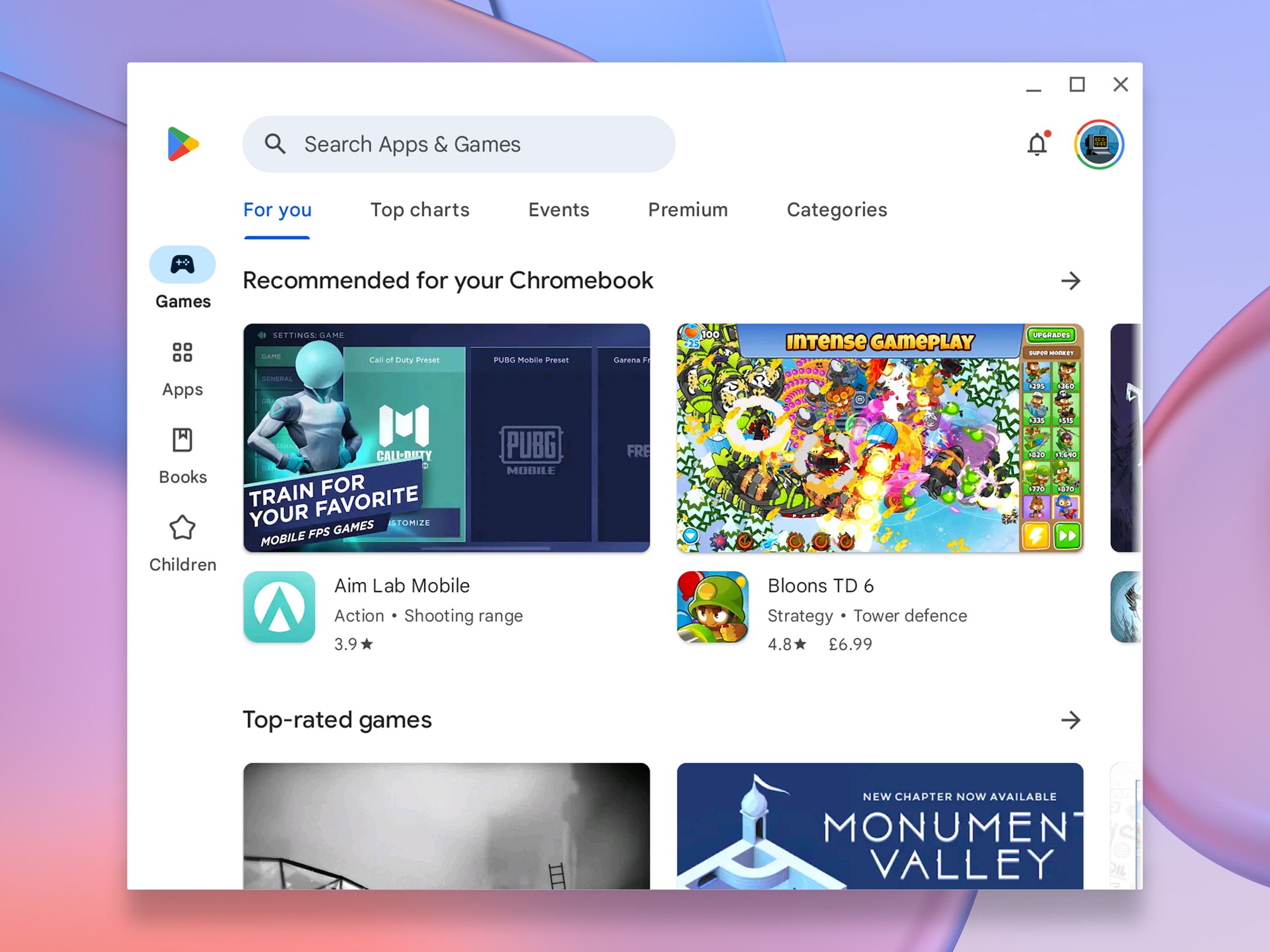 Google page with “Recommended for your Chromebook” beneath the search field, and several games beneath represented by graphics and names.