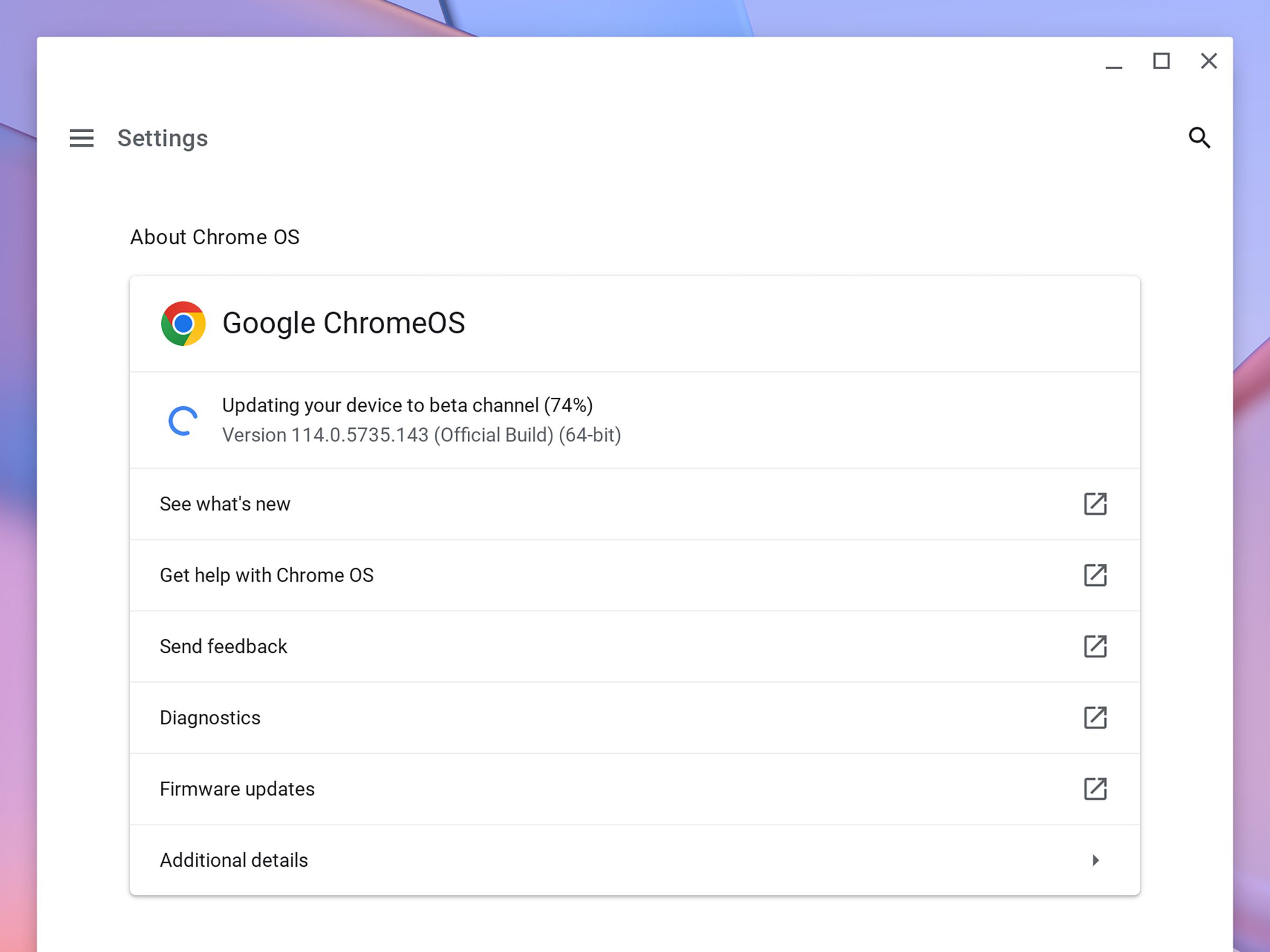 Settings page with Google ChromeOS beneath that, an updating statement, and a series of options such as See what’s new and Get help with Chrome OS.