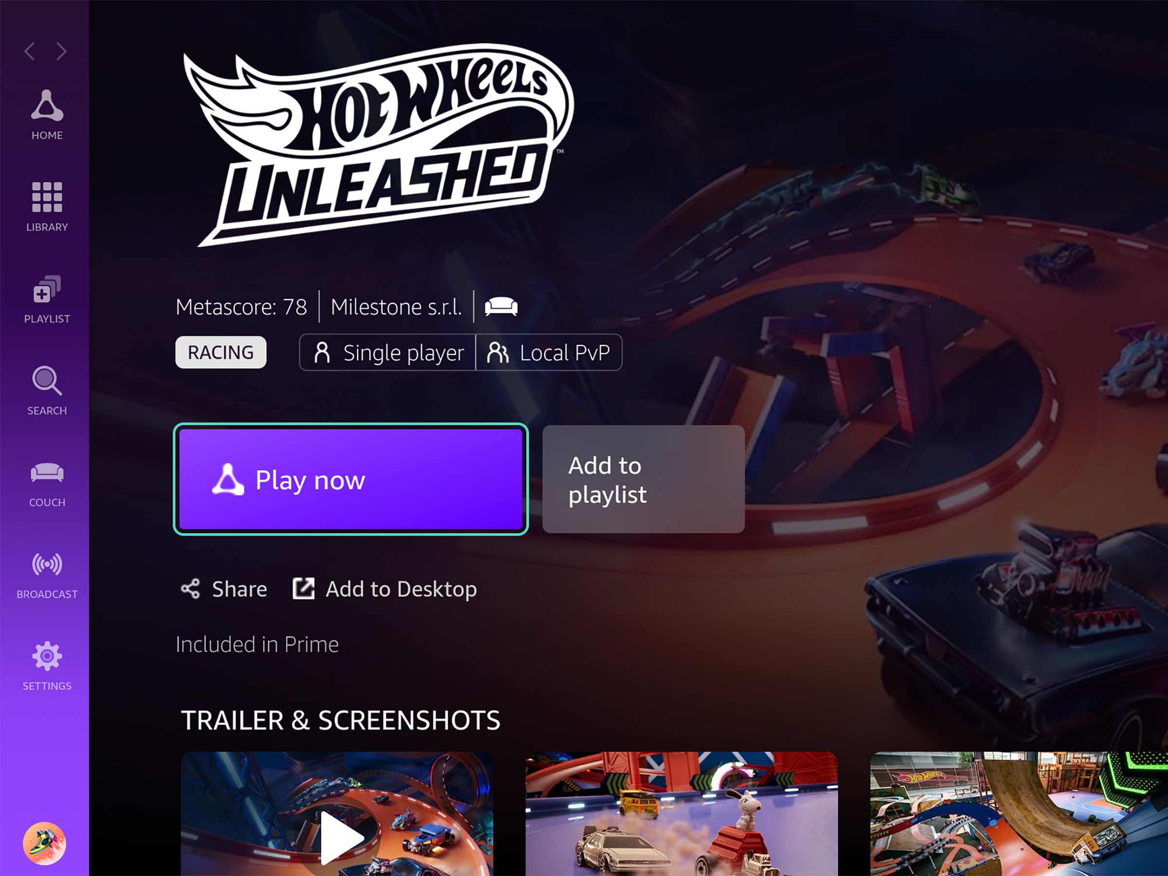 Web page feature Hot Wheels Unleashed with a purple strip with icons on the side and a large purple Play now button in the center.