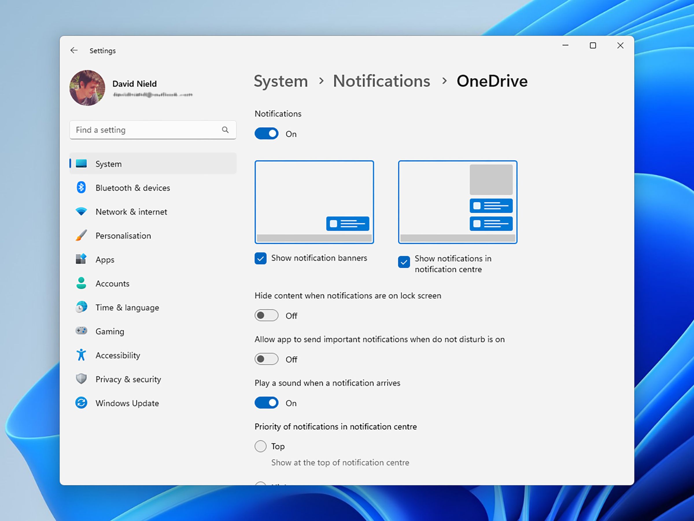 The System &gt; Notifications &gt; OneDrive page with a variety of features toggled on and off.