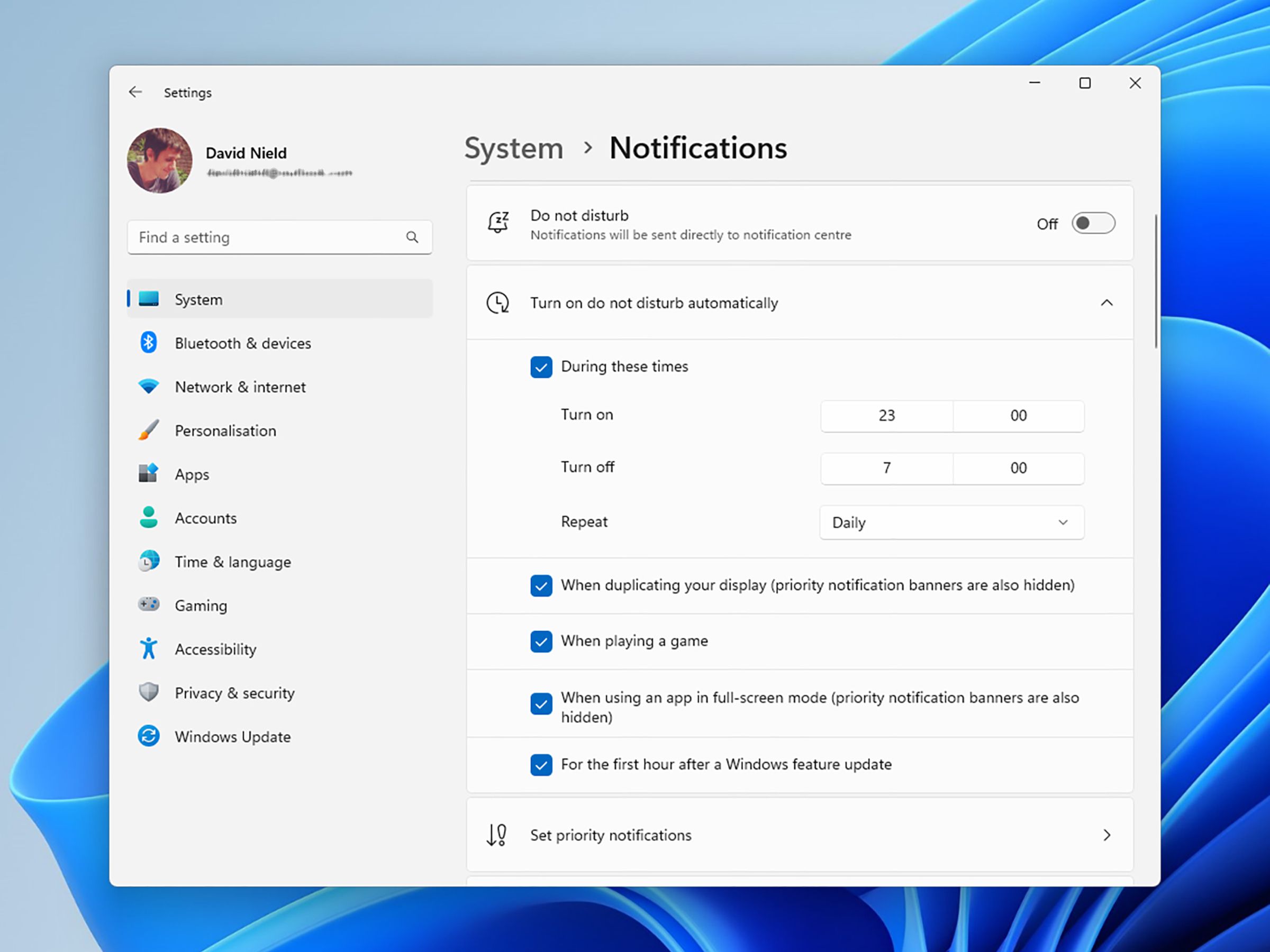 System &gt; Notifications page on Windows PC showing various options for Do not disturb