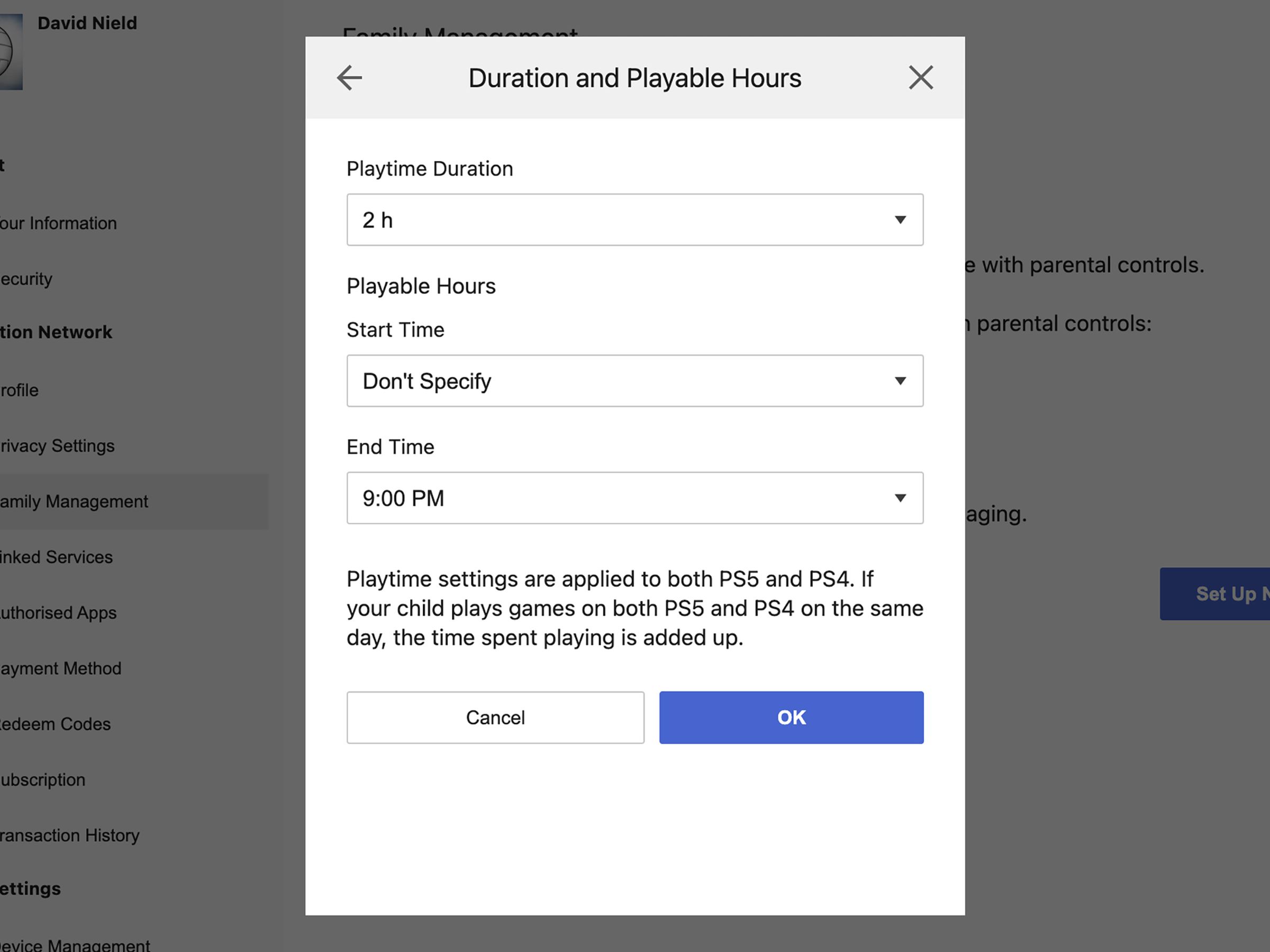 Page with Duration and Playable Hours, with drop down menus for Playtime Duration, Playable Hours (Start Time and End Time) and a blue OK button.