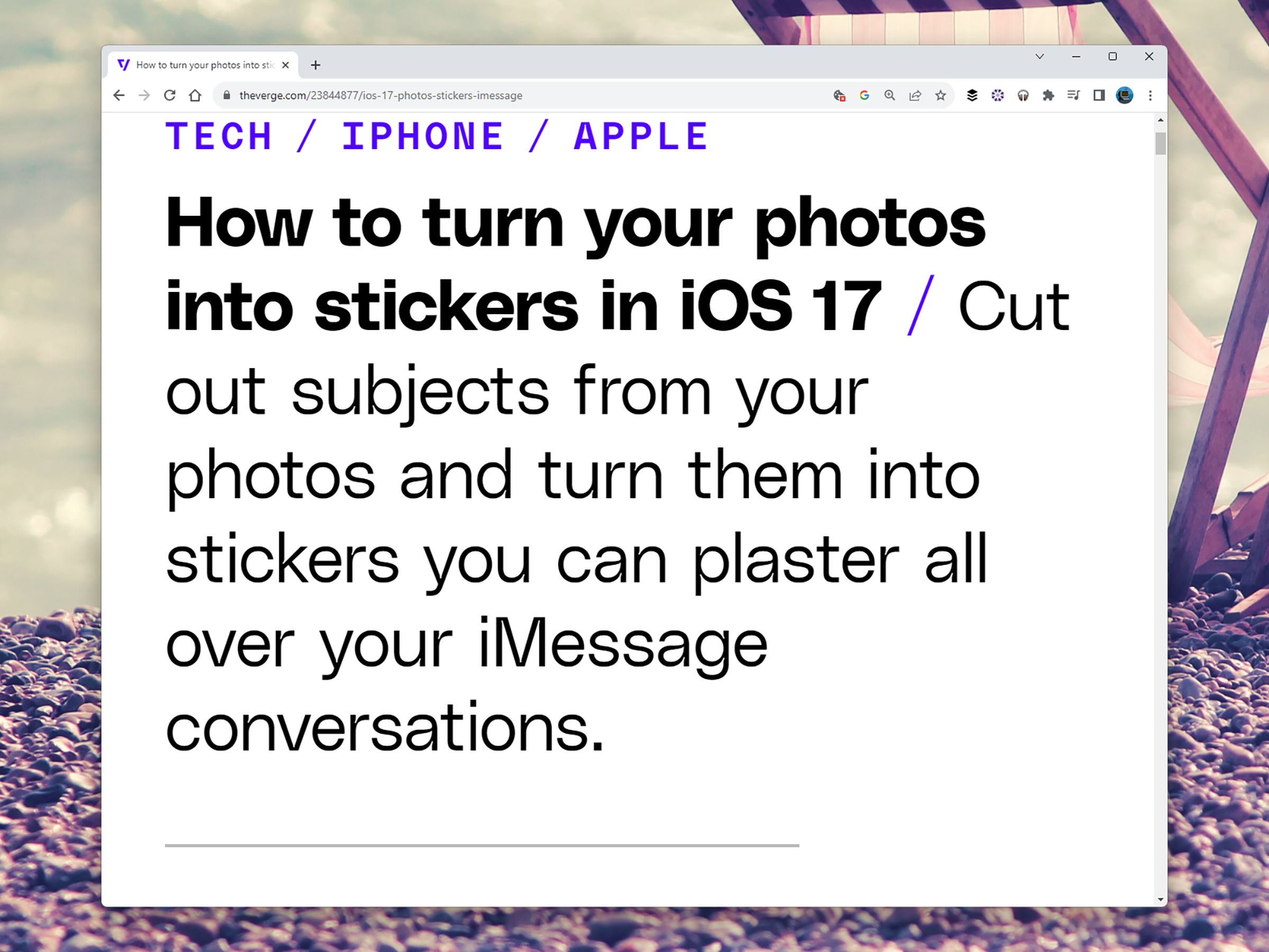 Windows 11 screen with large note headed How to turn your photos into stickers in iOS 17.