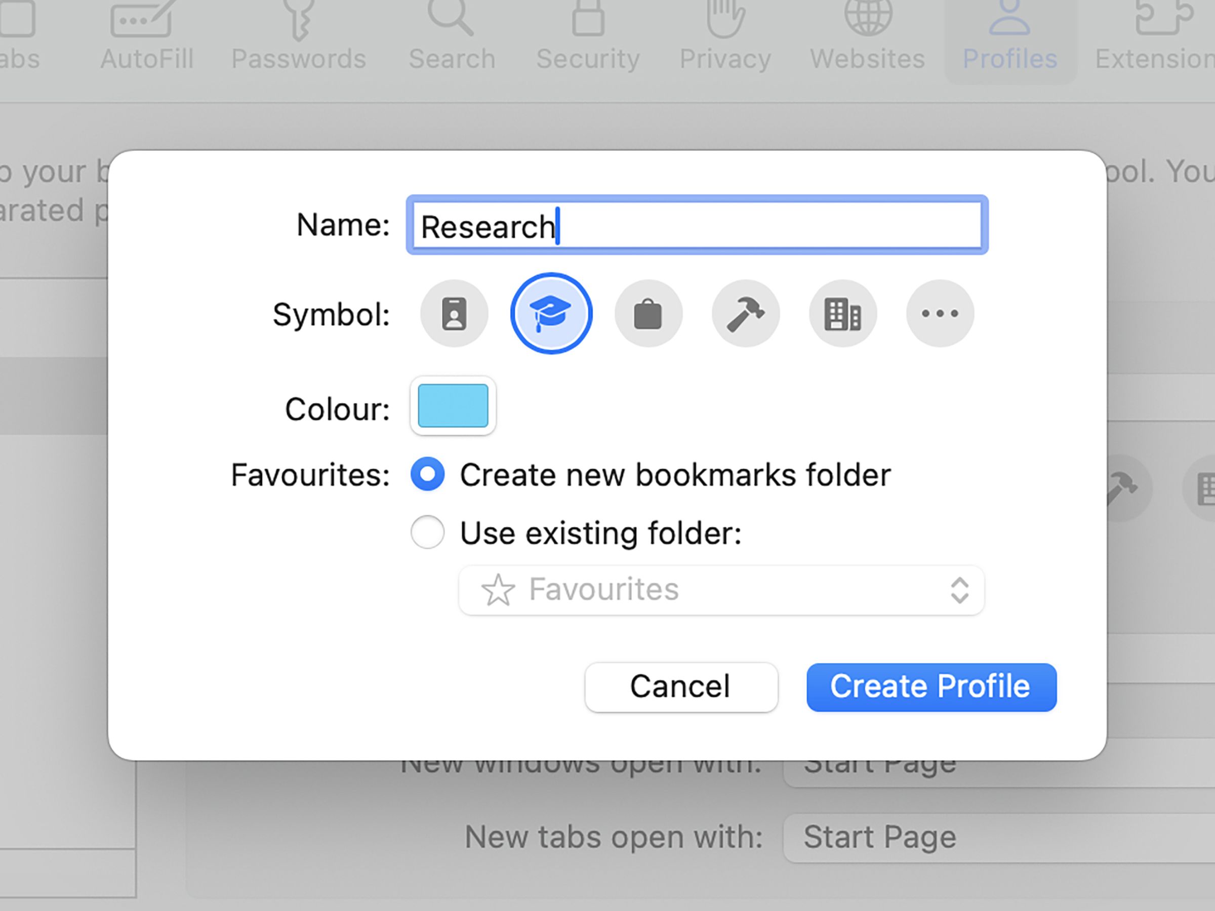 Pop-up windows with Name field (Research typed in), a choice of symbols, a color field, and what to do with favorites.