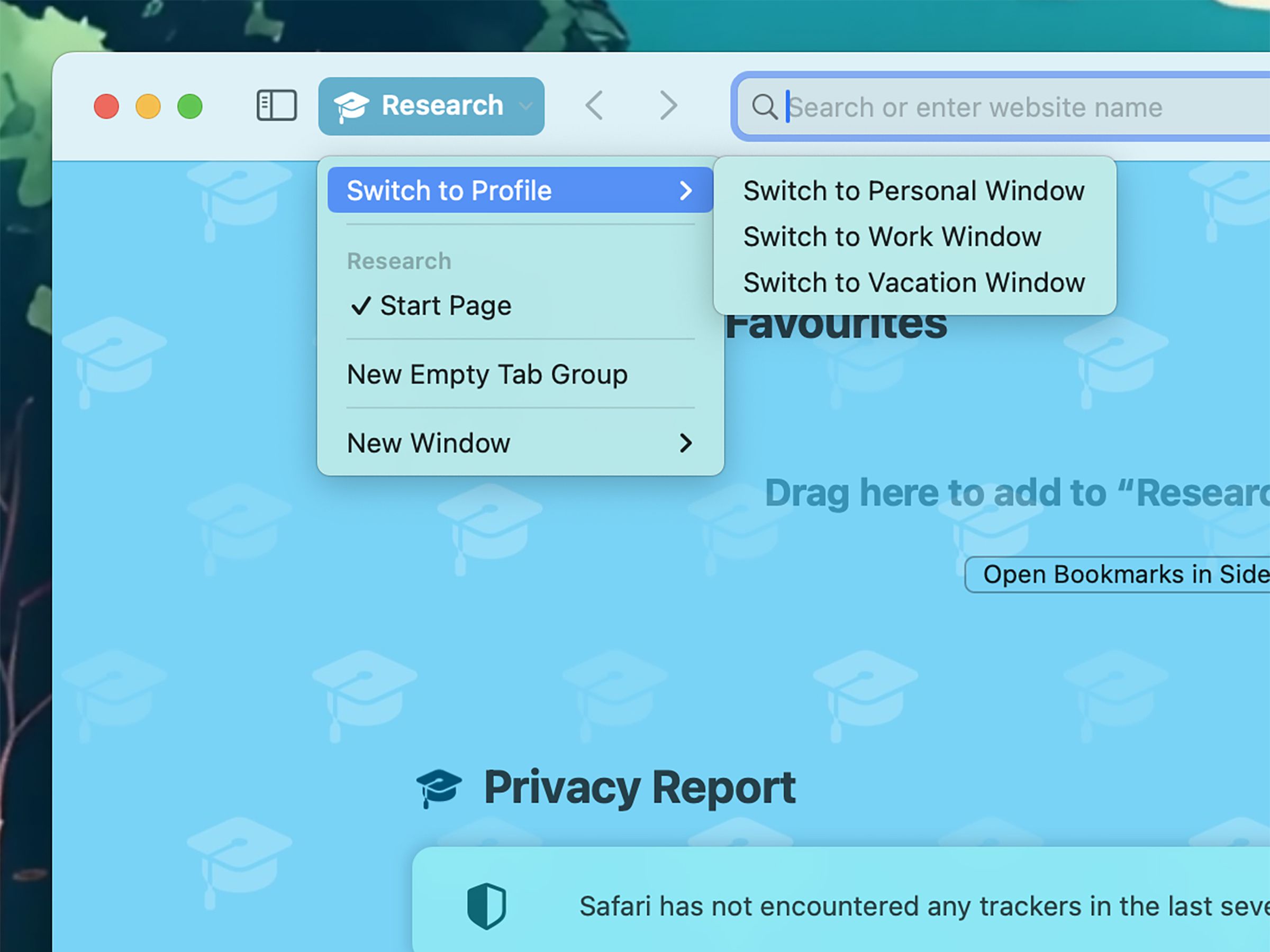 Safari toolbar showing drop-down menu Switch to Profile leading to menu switching to three separate windows