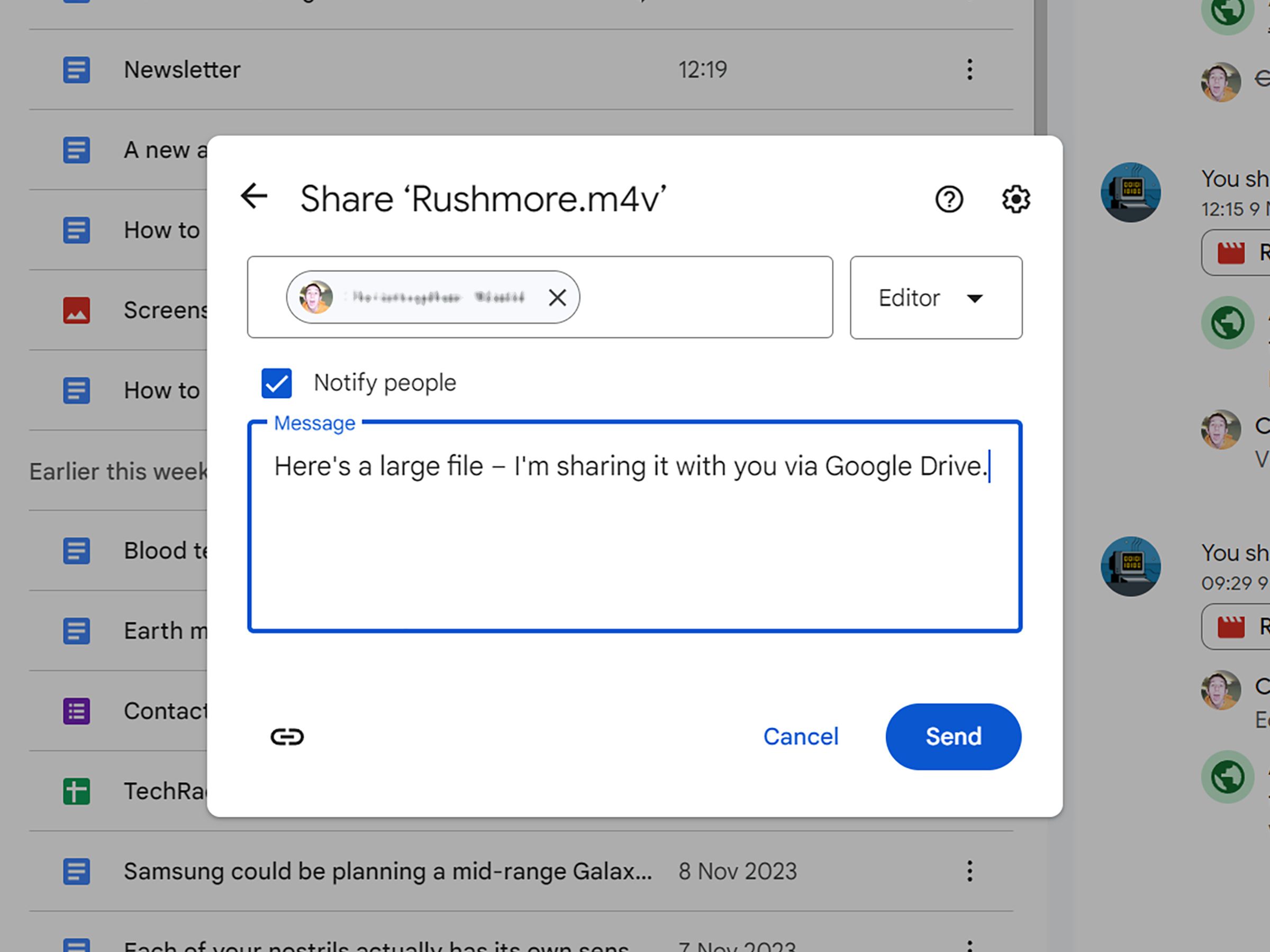 Pop-up box headed “Share ‘Rushmore.m4v’ with a contact below that and a message box below that, with Cancel and Send buttons on the bottom right.