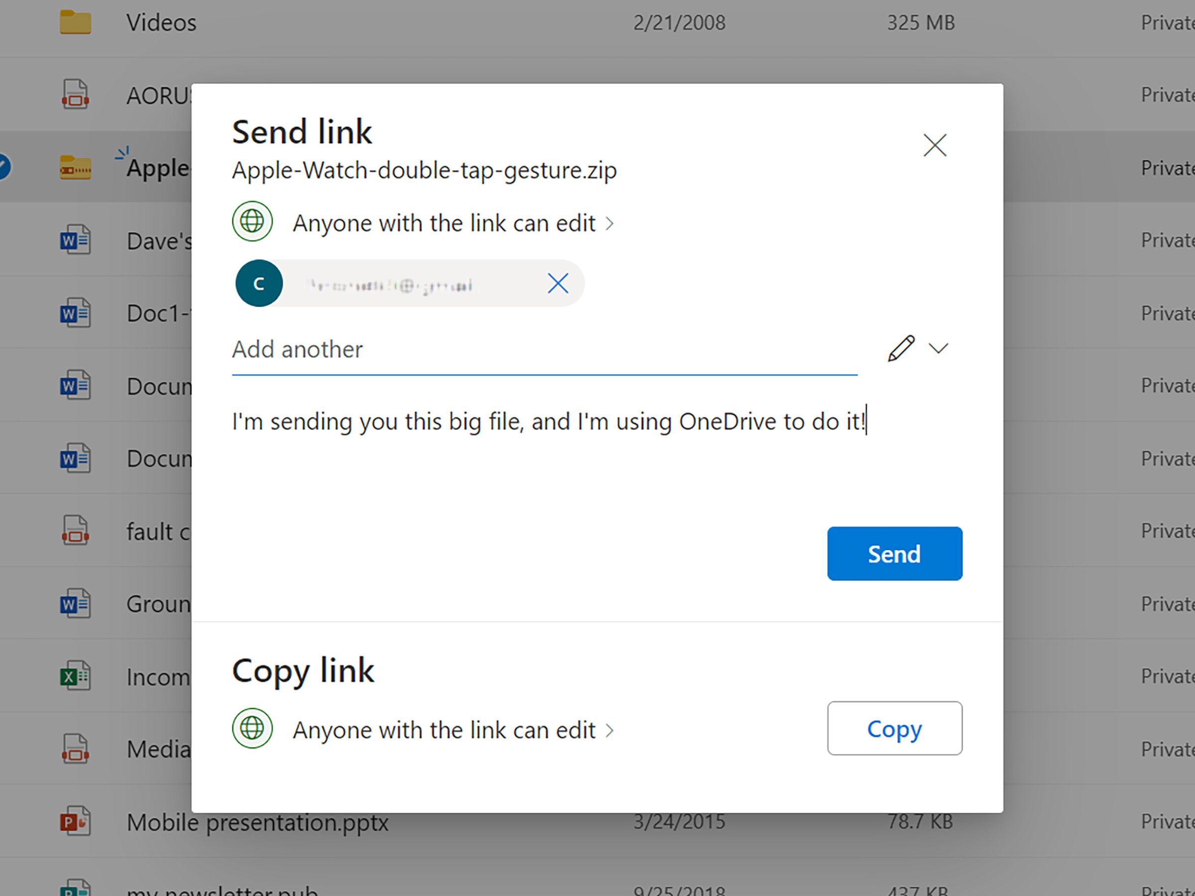 Pop-up with Send Link on top, a file name below that, a note that Anyone with the lijnk can edit, and a place for a message, with a blue Send button and a Copy Link section.