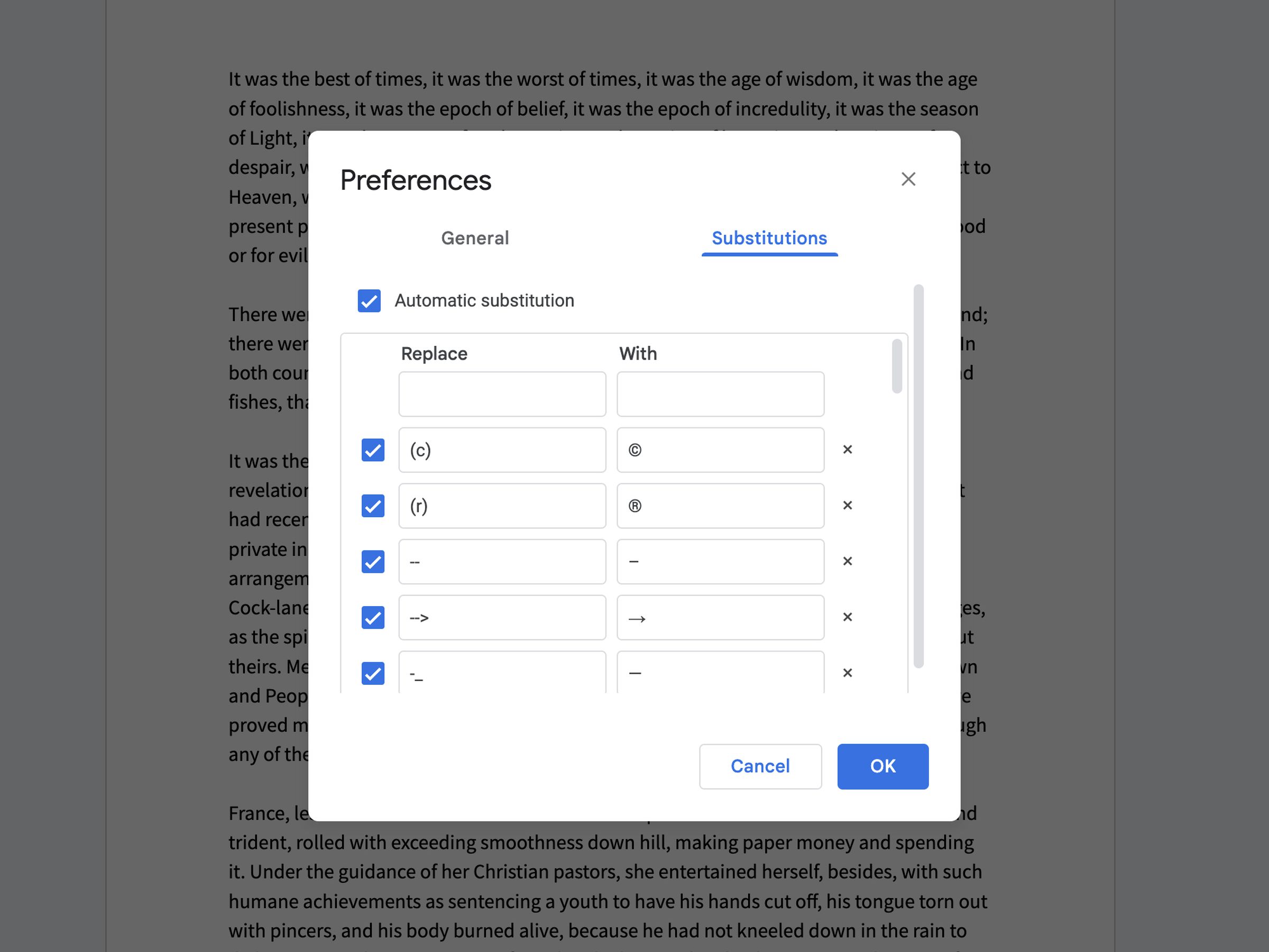 Google Doc with pop-up Preferences box showing automatic substitutions.
