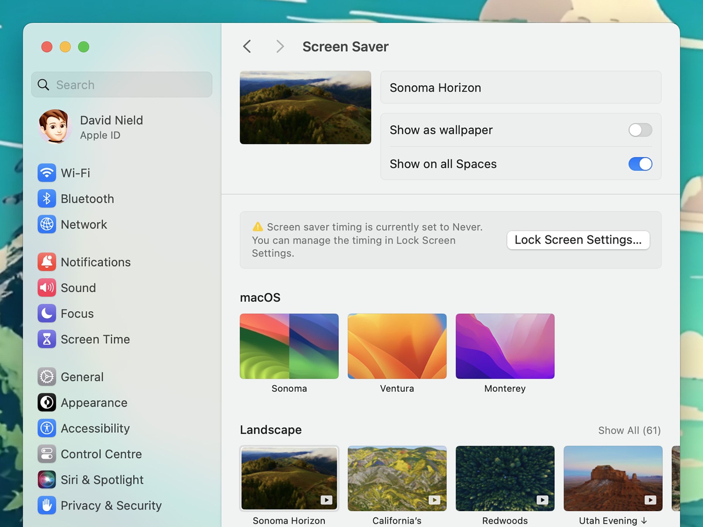 Screen saver page showing “Sonoma Horizon” below which are other choices from macOS and Landscape categories.