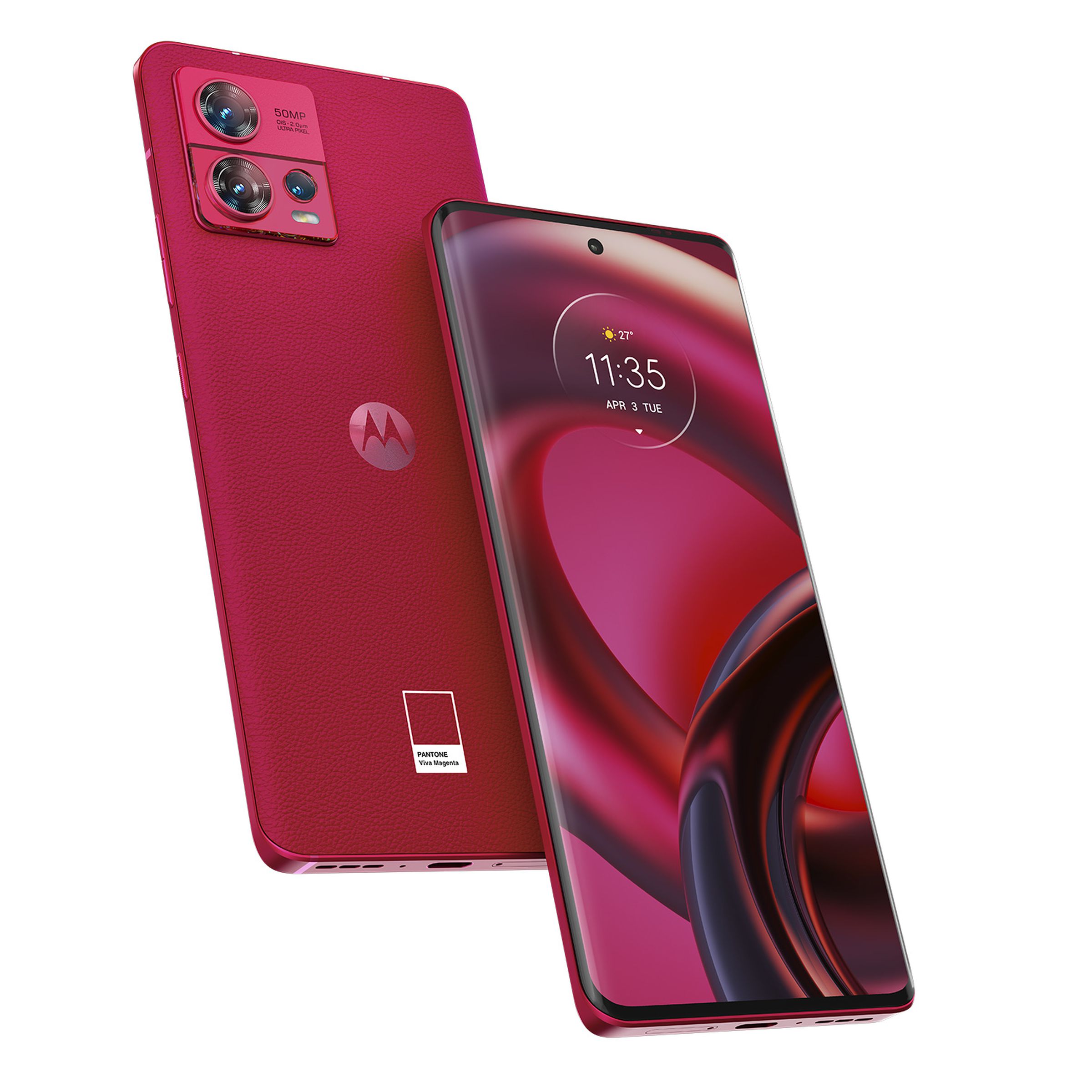 Motorola edge 30 Fusion in Viva Magenta showing back and front of the device.