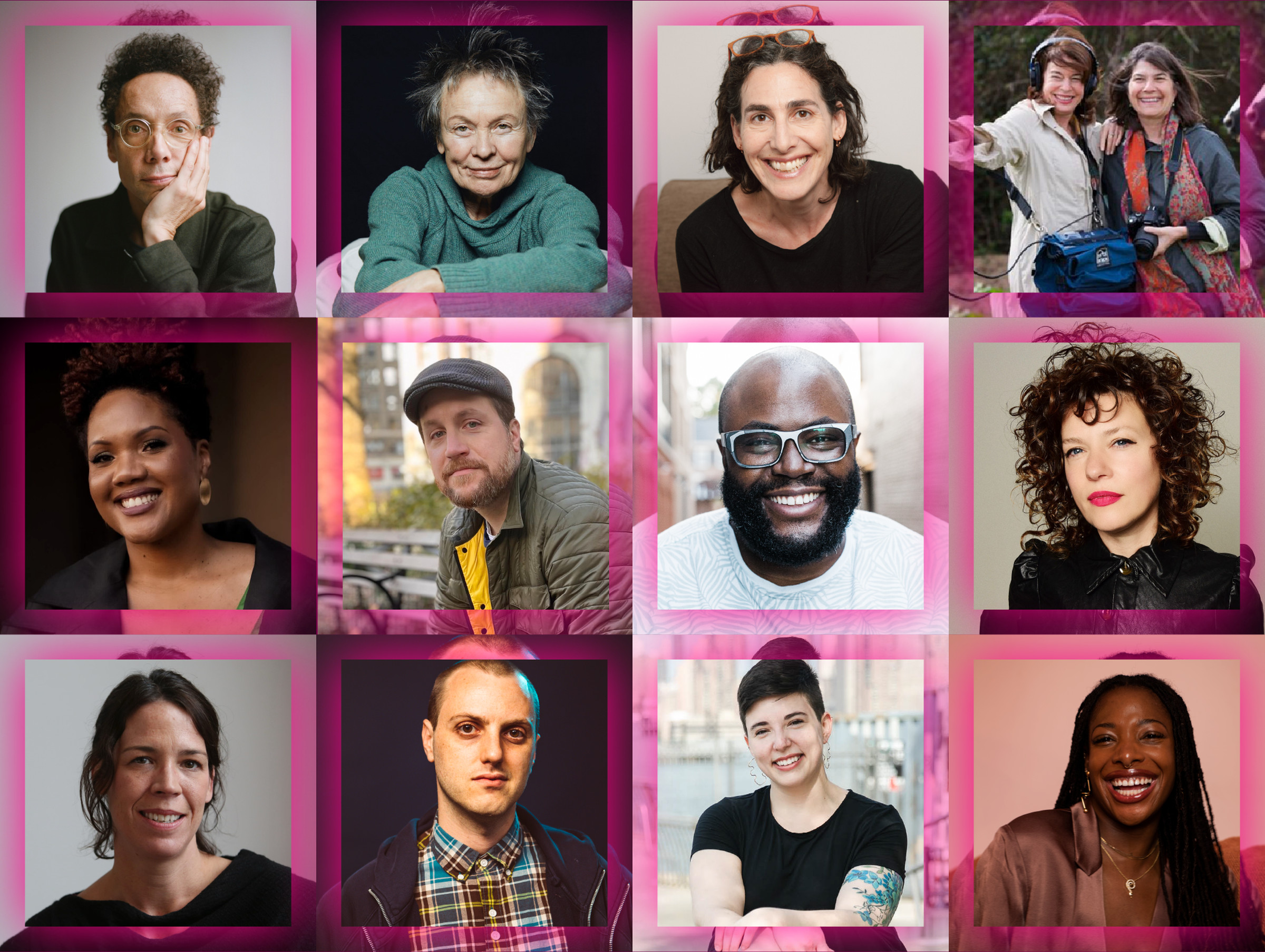 Twelve photos of guests who will be at On Air Fest 2024, including Malcolm Gladwell and Sarah Koenig.