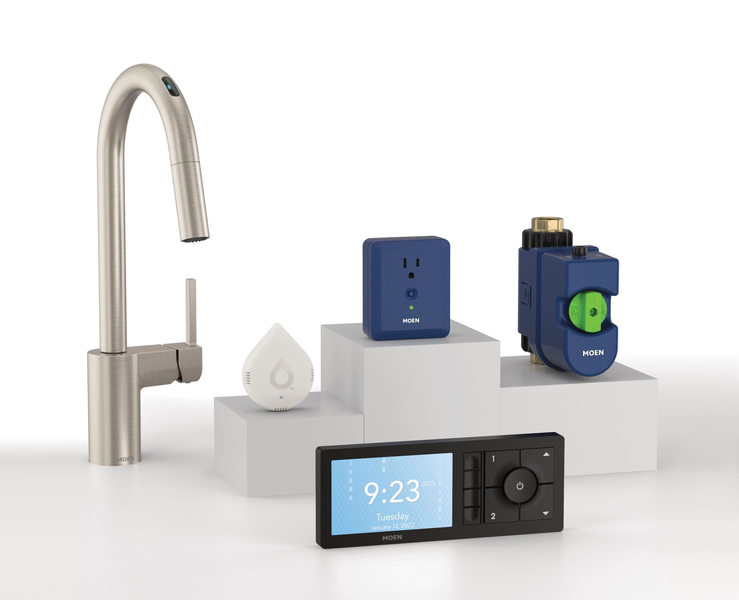 Moen’s smart devices will all work together as part of its Smart Water Network. From left: Moen Smart Faucet, Smart Leak Detector, Smart Sump Pump Monitor, Flo Smart Water Monitor and Shutoff, Smart Shower controller. 