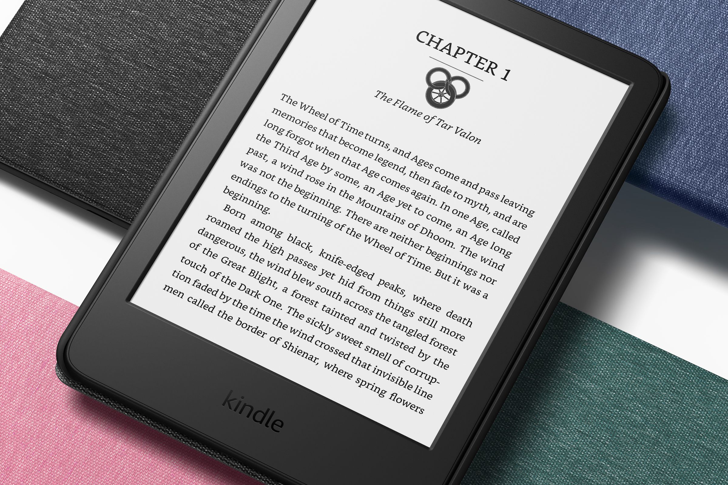 An Amazon Kindle on a colorful background.