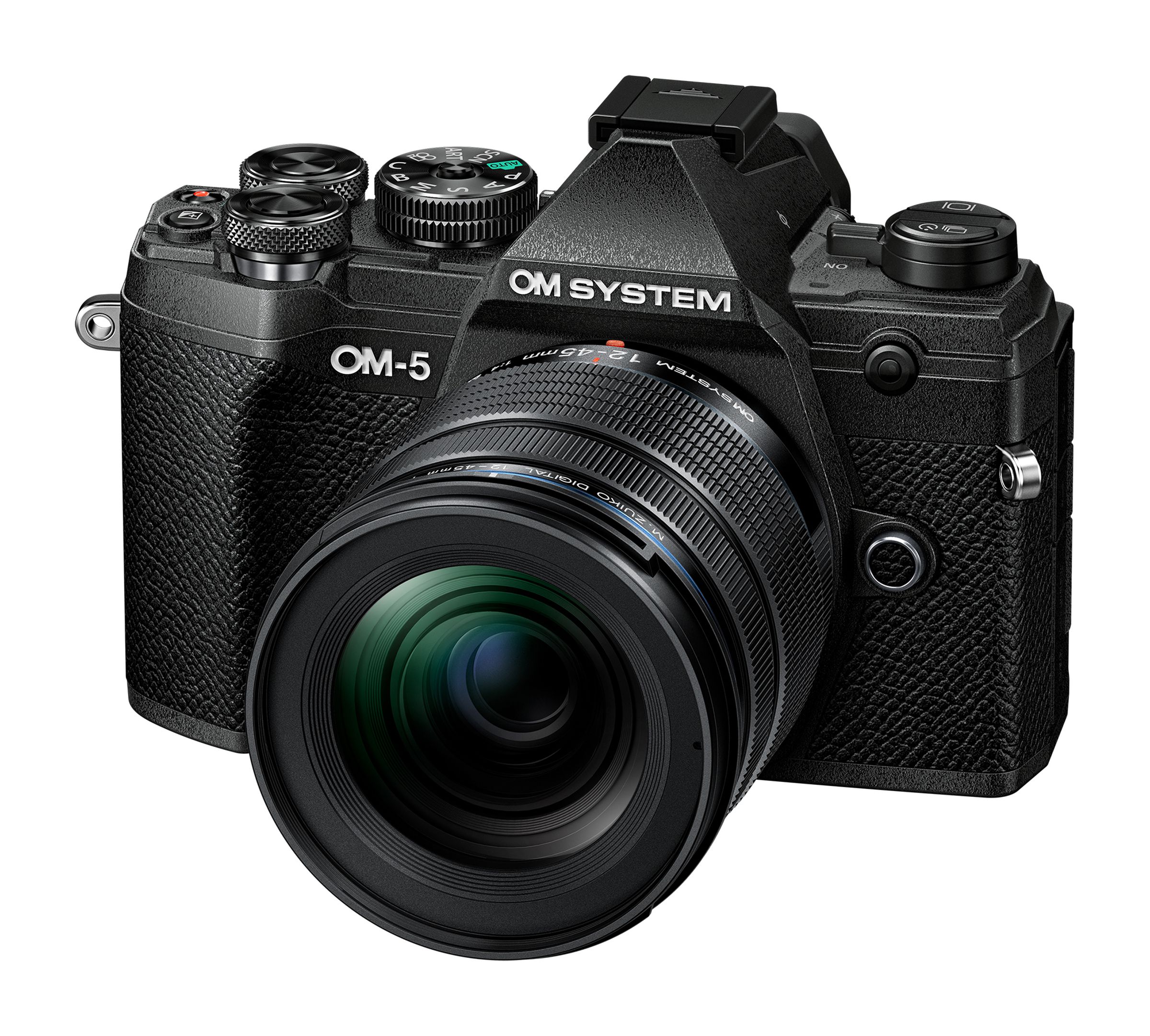 A three-quarters front view of the OM System OM-5 with attached lens, in black.