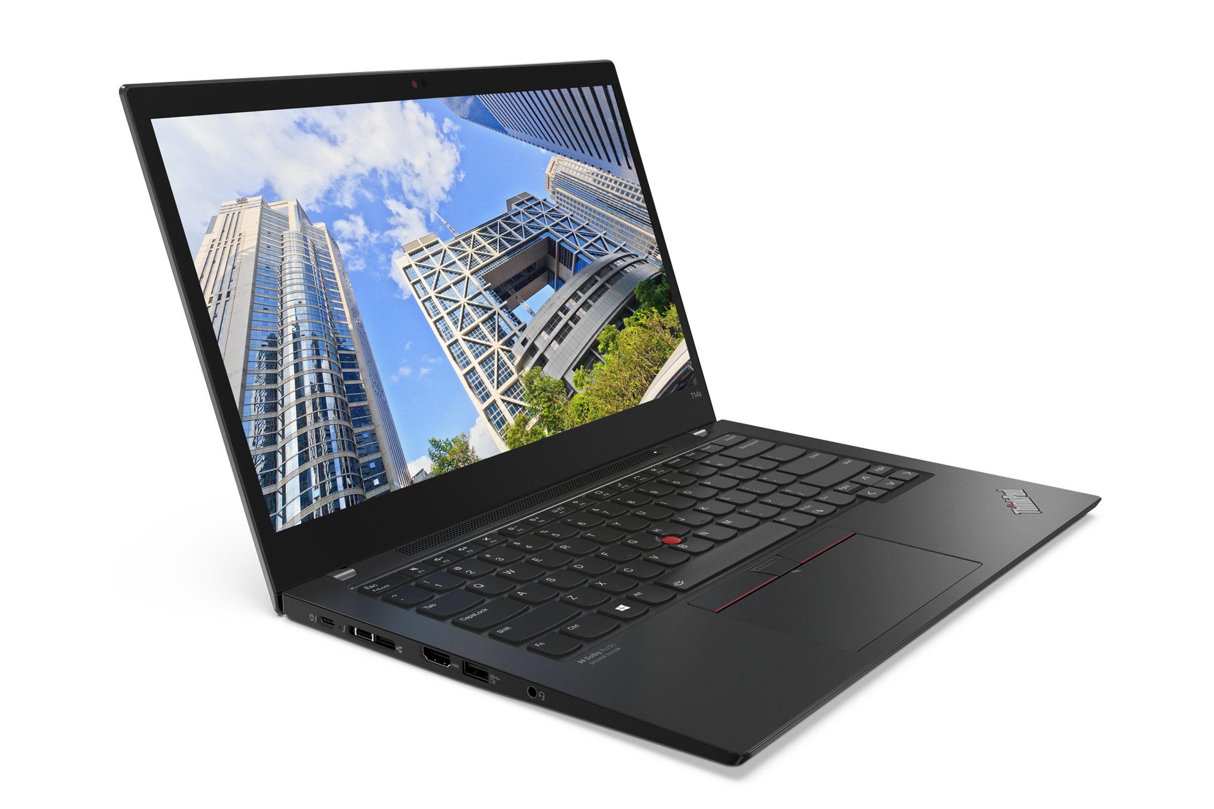 Lenovo ThinkPad T14s Gen 2 open, angled to the right. The screen displays a looking-up shot of skyscrapers. 