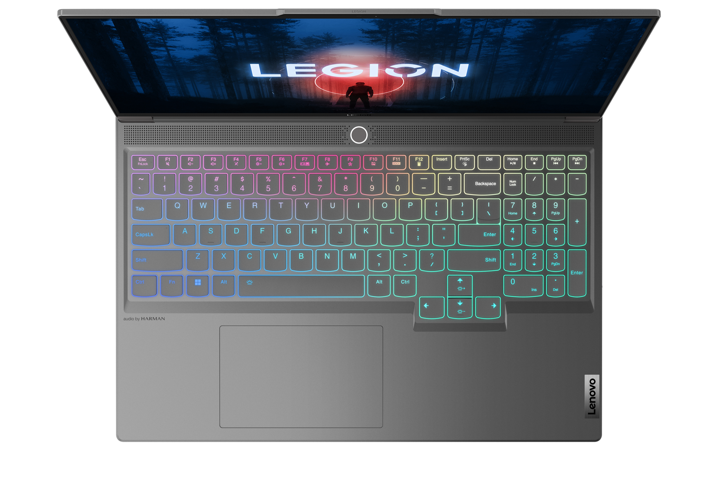 The Legion Slim 7i keyboard seen from above. The screen displays the Legion logo.