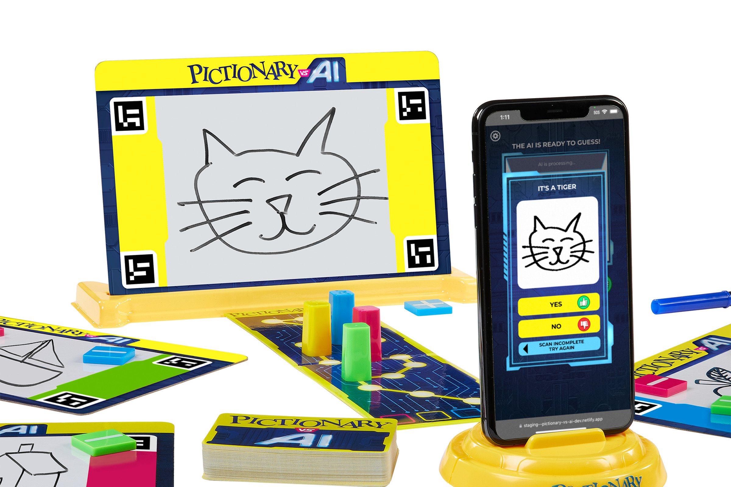 A picture of a smartphone pointed at a quick drawing of a cat. It’s guessing it’s a tiger. It is wrong. Game pieces are strewn about.