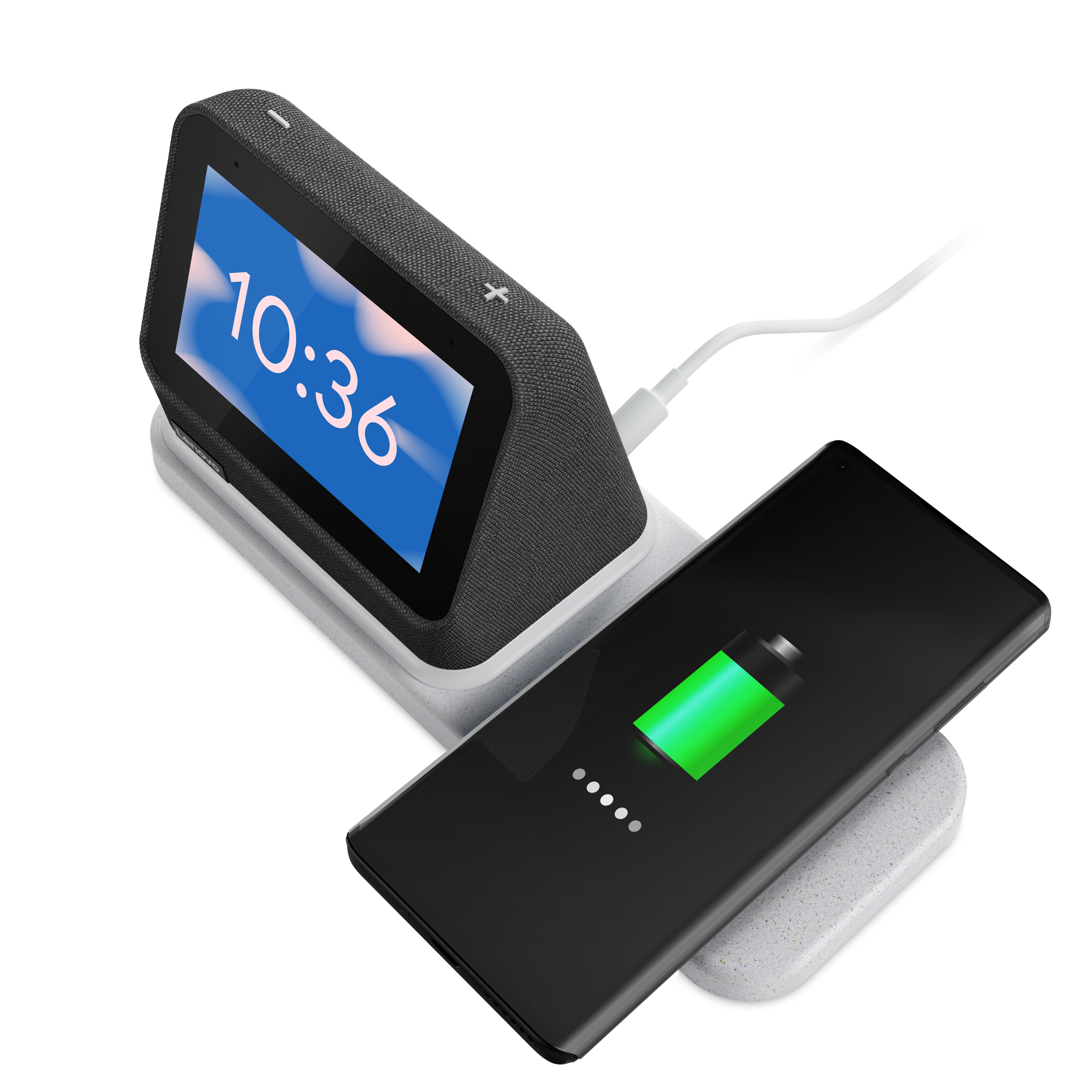 The Lenovo Smart Clock on top of a wireless charger that charges a smart phone. The screen displays the time 10:36 on a blue background with clouds.
