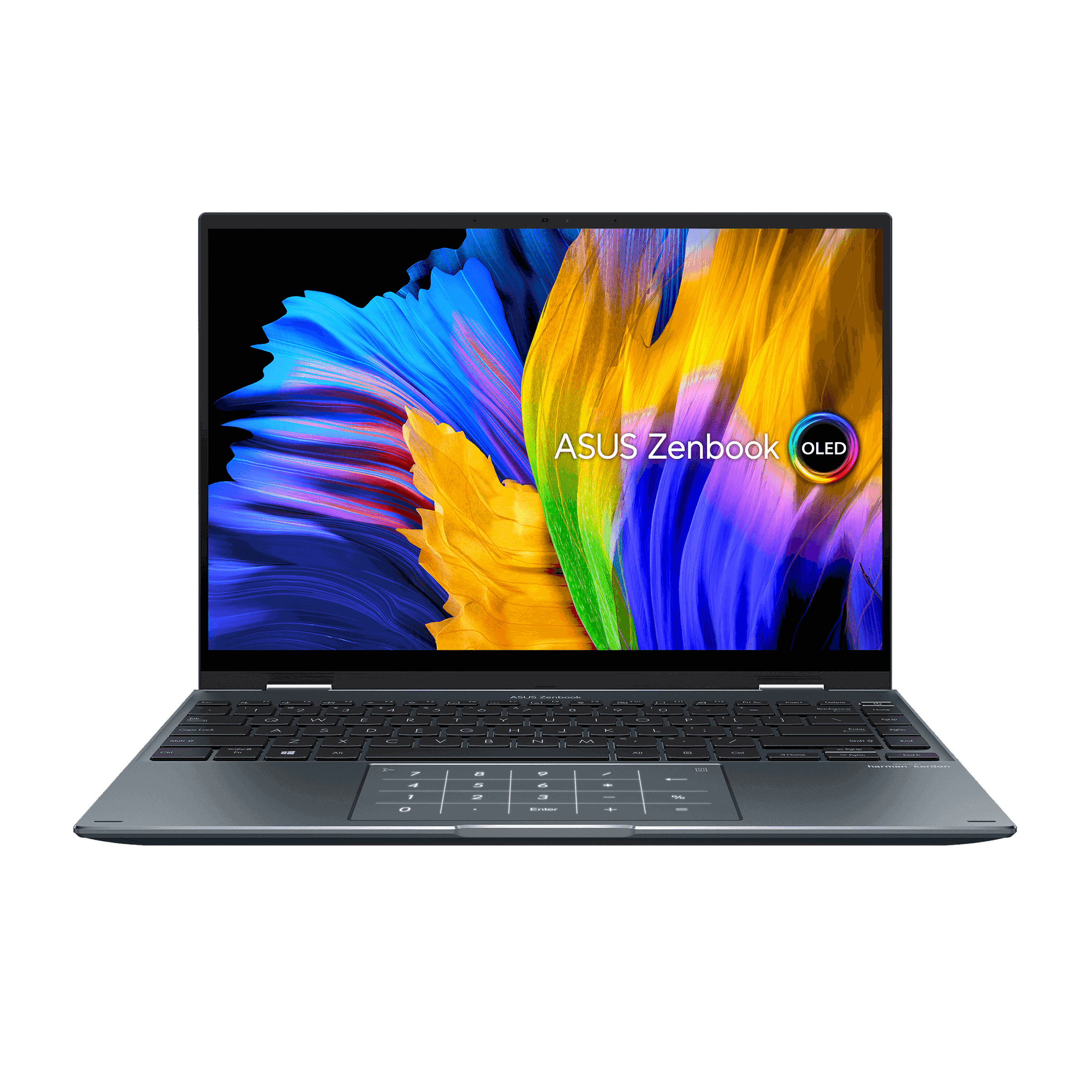 The Asus Zenbook Flip 14 OLED open facing the camera with the number pad illuminated. The screen displays a multicolored flower background with the Asus Zenbook OLED logo on the right side.
