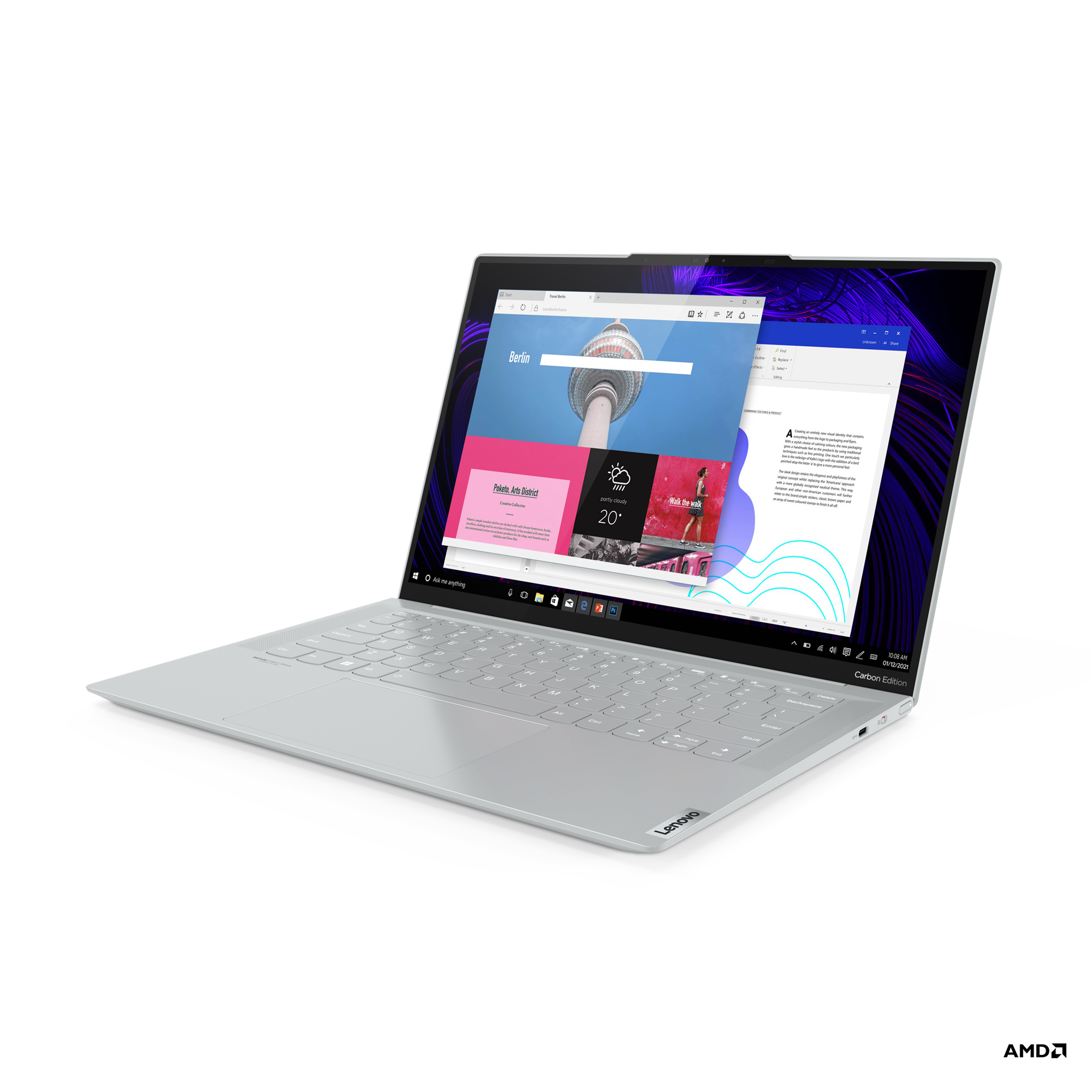 The IdeaPad Slim 7 Carbon open on a white background, facing left. The screen displays two windowed apps on a black and purple background.